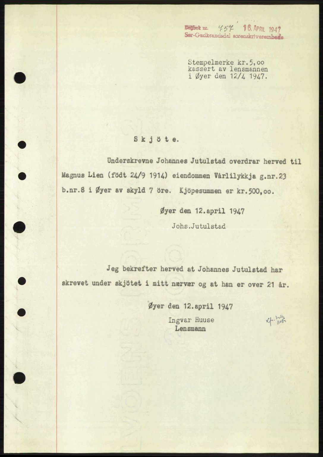 Sør-Gudbrandsdal tingrett, SAH/TING-004/H/Hb/Hbd/L0018: Pantebok nr. A18, 1947-1947, Dagboknr: 757/1947