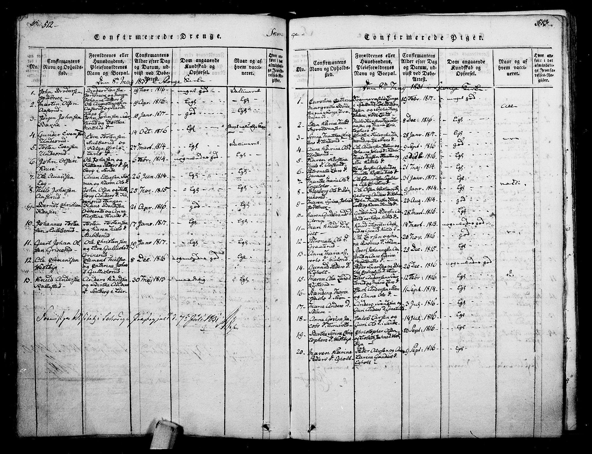 Skoger kirkebøker, SAKO/A-59/F/Fa/L0002: Ministerialbok nr. I 2 /1, 1814-1842, s. 512-513