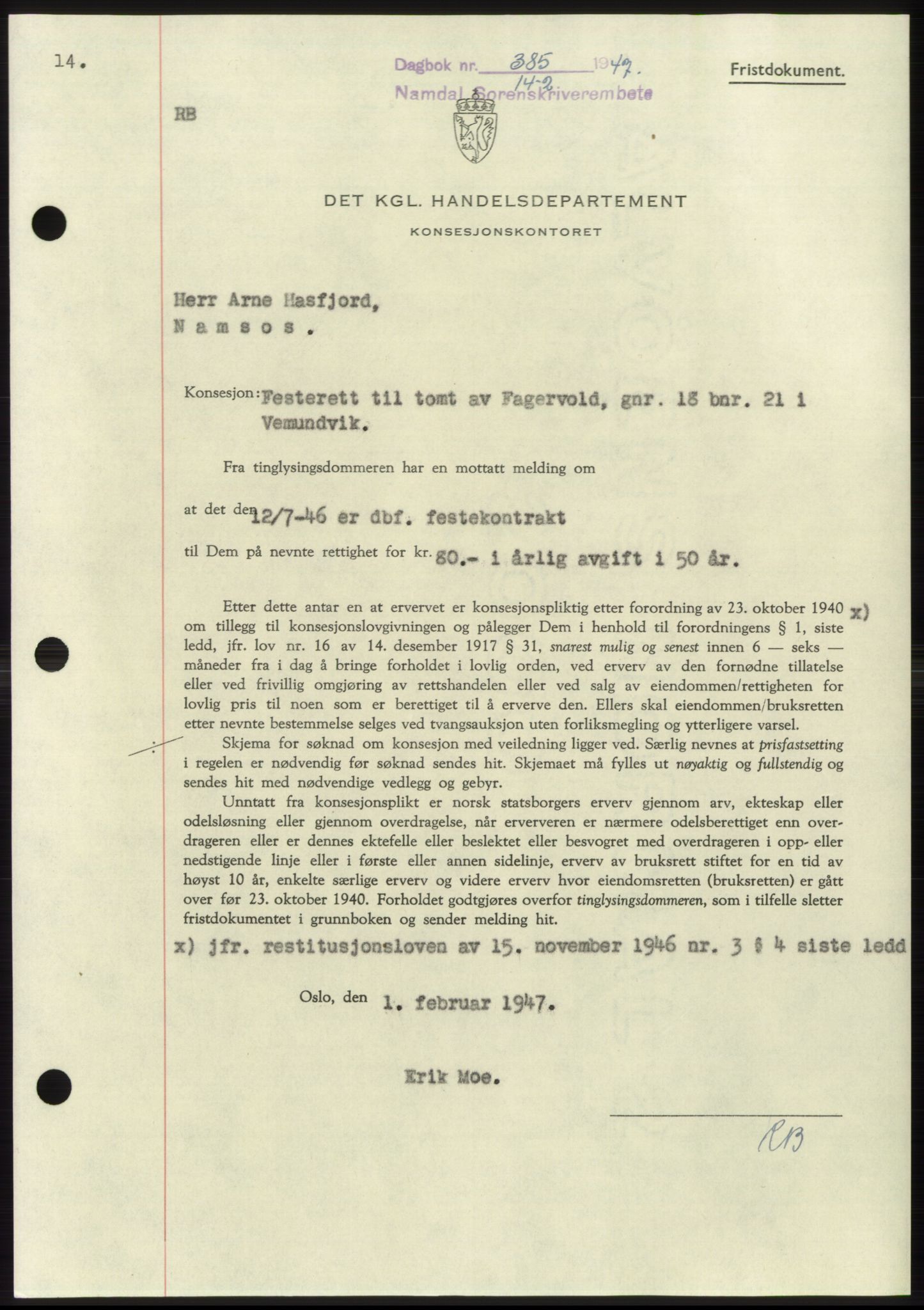 Namdal sorenskriveri, SAT/A-4133/1/2/2C: Pantebok nr. -, 1946-1947, Dagboknr: 385/1947