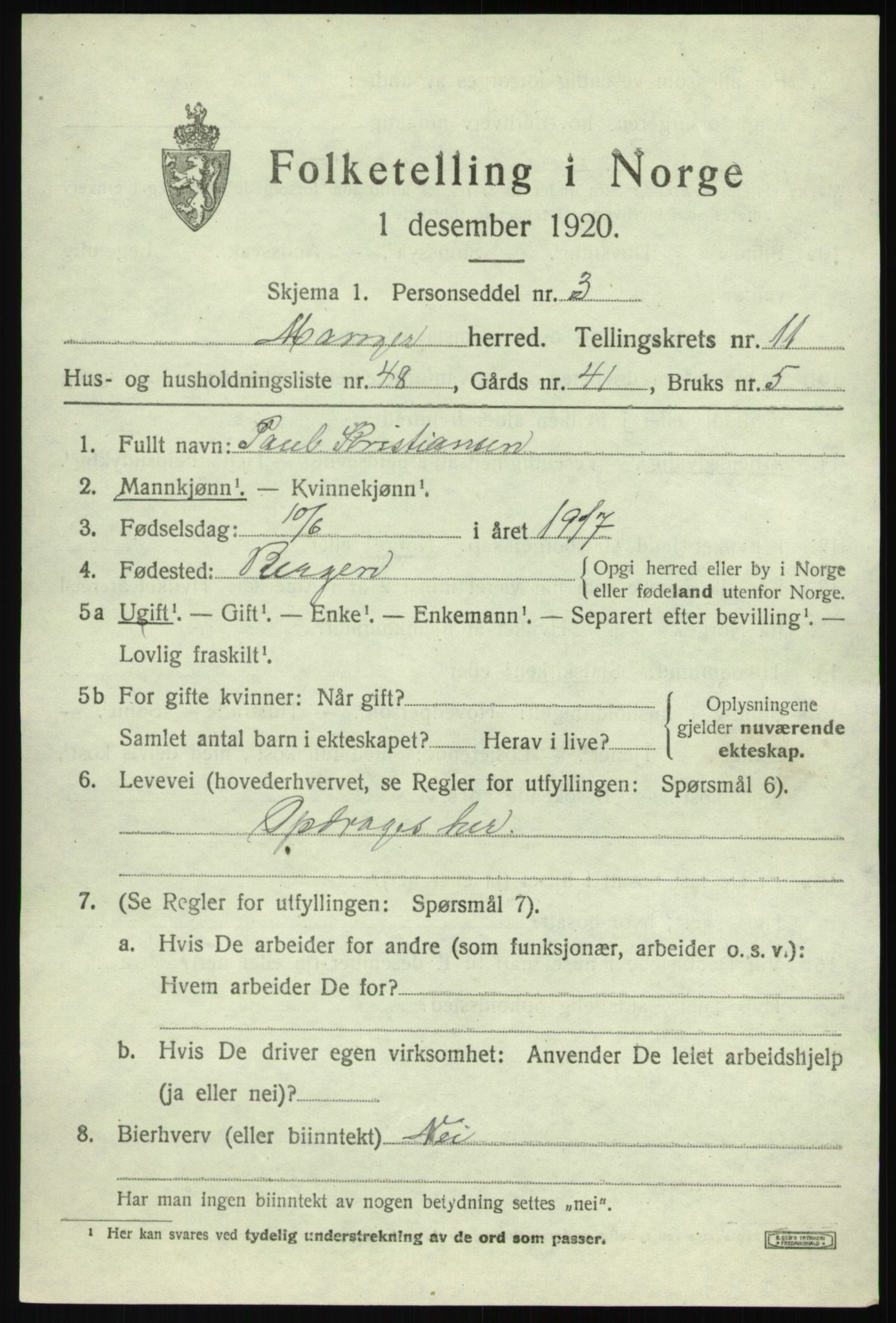 SAB, Folketelling 1920 for 1261 Manger herred, 1920, s. 7362