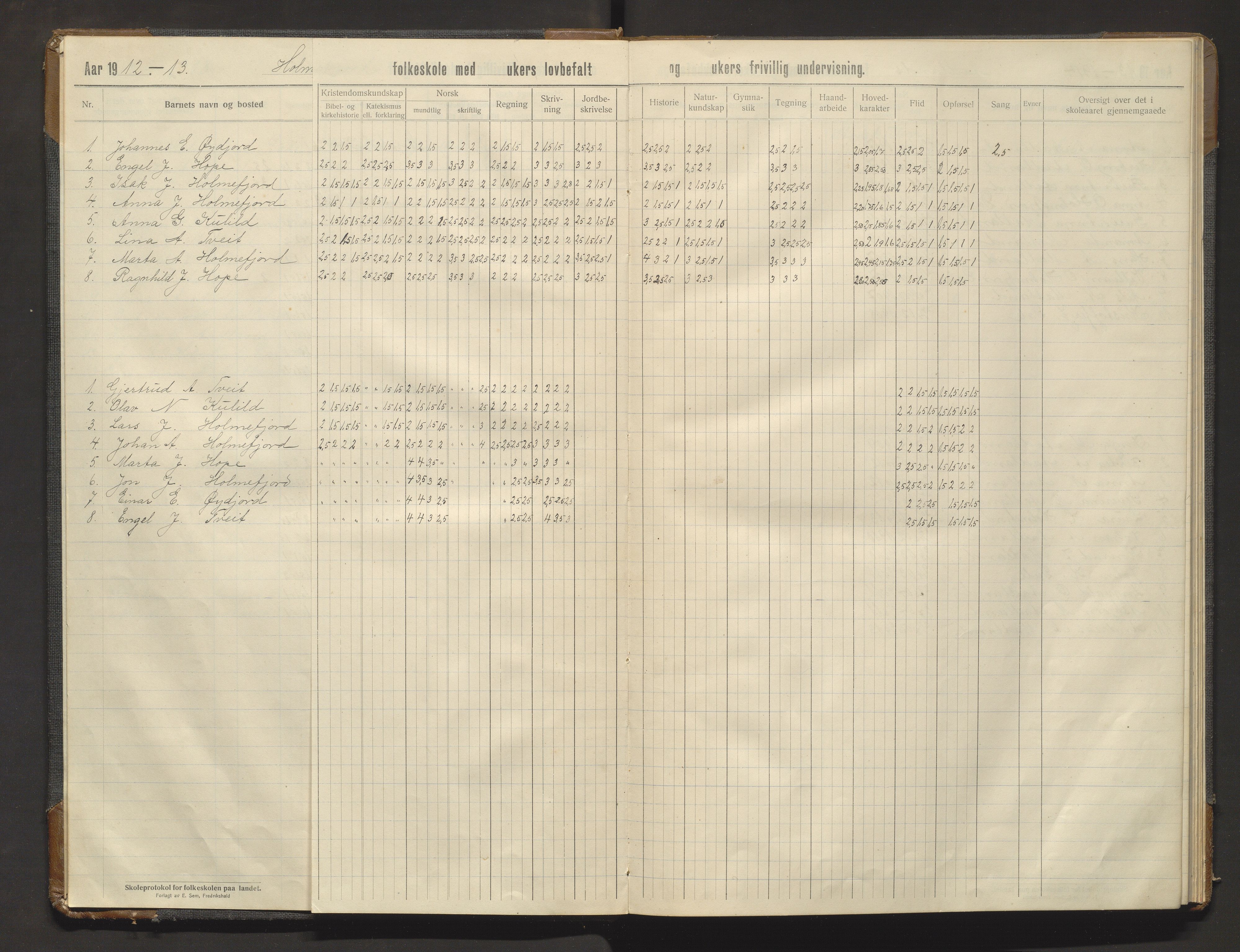 Fusa kommune. Barneskulane, IKAH/1241-231/F/Fa/L0006: Skuleprotokoll for Holmefjord og Ådland krinsar, 1912-1919