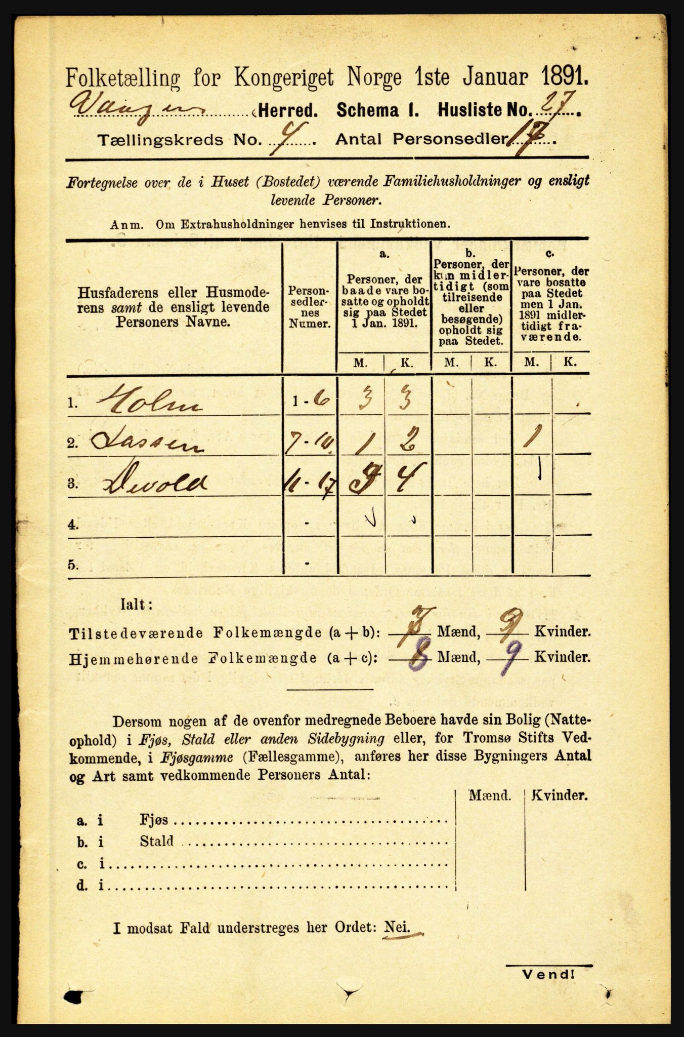 RA, Folketelling 1891 for 1865 Vågan herred, 1891, s. 907