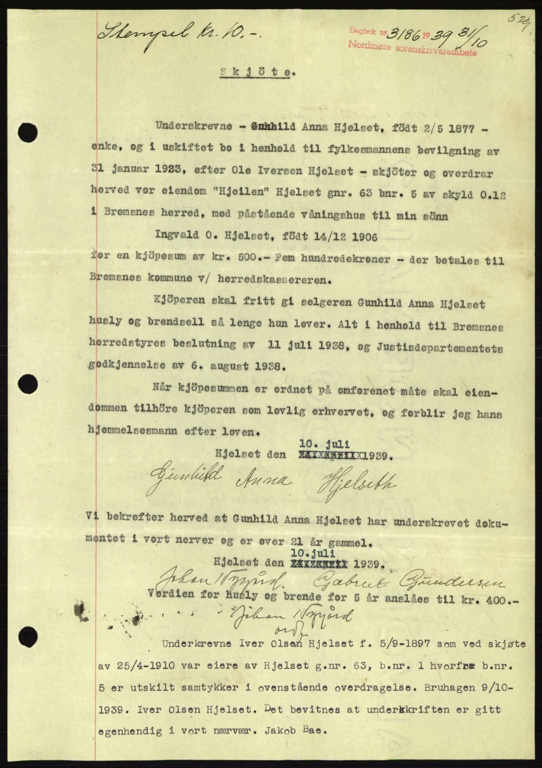 Nordmøre sorenskriveri, SAT/A-4132/1/2/2Ca: Pantebok nr. A87, 1939-1940, Dagboknr: 3186/1939