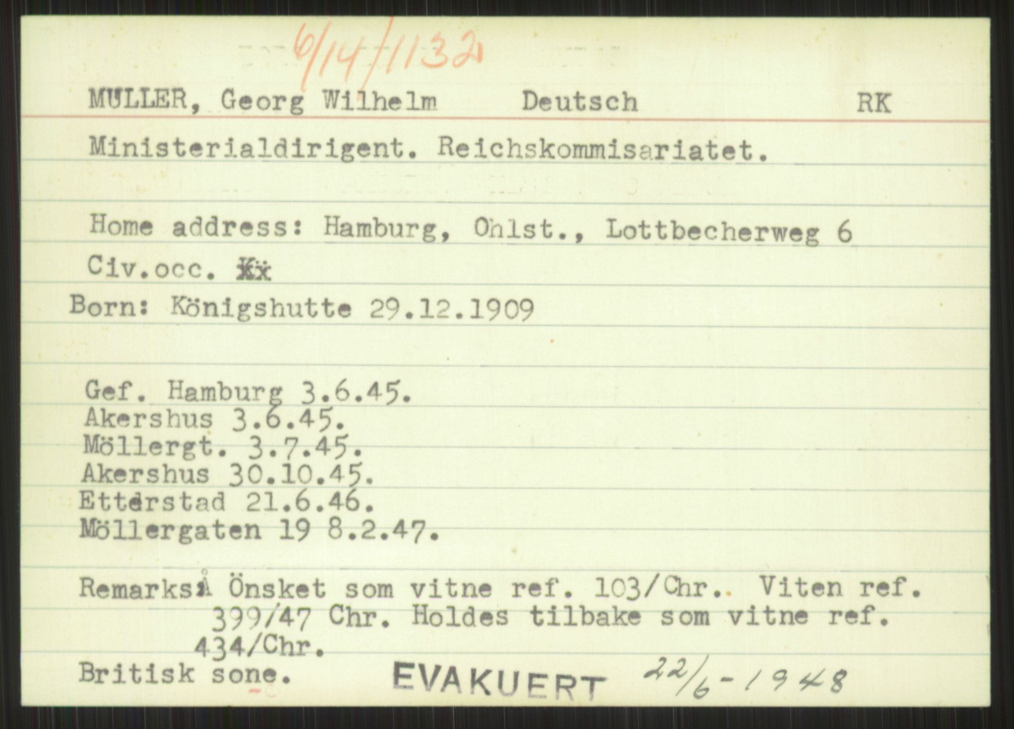Forsvaret, Forsvarets overkommando II, RA/RAFA-3915/D/Db/L0023: CI Questionaires. Tyske okkupasjonsstyrker i Norge. Tyskere., 1945-1946, s. 186