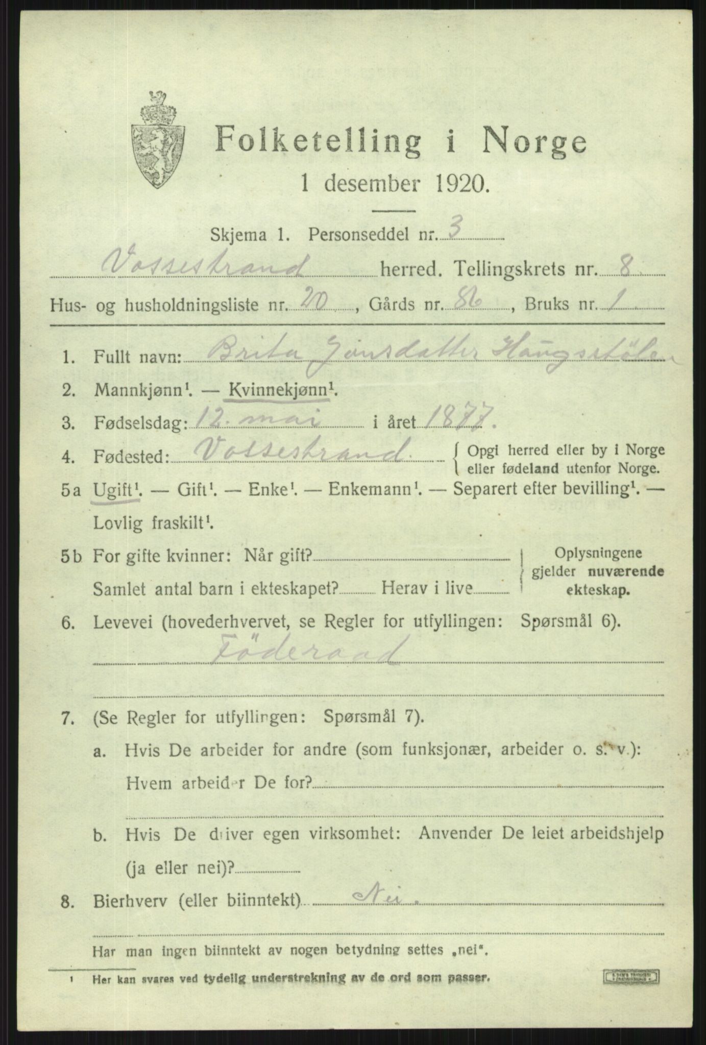 SAB, Folketelling 1920 for 1236 Vossestrand herred, 1920, s. 3894