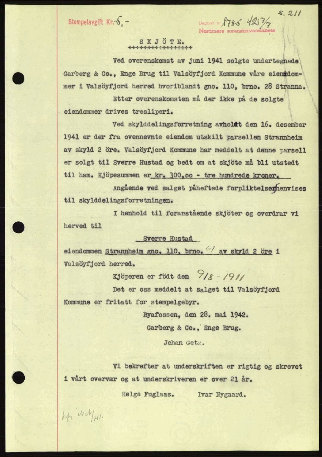 Nordmøre sorenskriveri, SAT/A-4132/1/2/2Ca: Pantebok nr. A93, 1942-1942, Dagboknr: 1785/1942