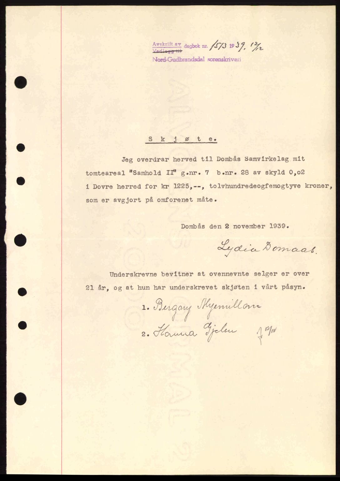 Nord-Gudbrandsdal tingrett, SAH/TING-002/H/Hb/Hbb/L0005: Pantebok nr. FA5, 1939-1940, Dagboknr: 1513/1939