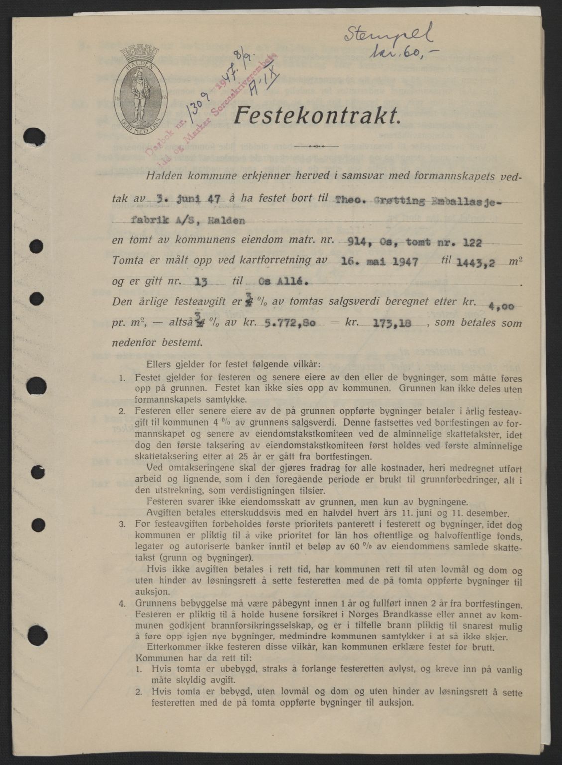 Idd og Marker sorenskriveri, SAO/A-10283/G/Gb/Gbb/L0009: Pantebok nr. A9, 1946-1947, Dagboknr: 1309/1947