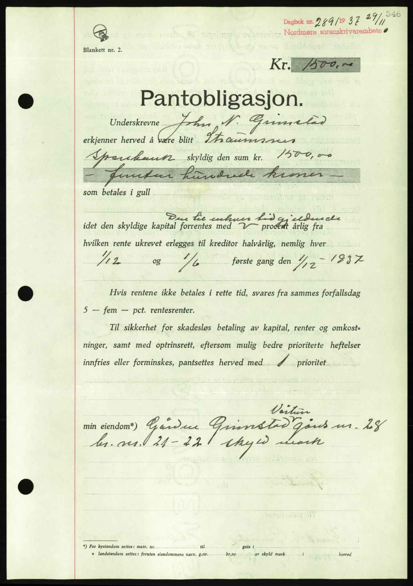 Nordmøre sorenskriveri, AV/SAT-A-4132/1/2/2Ca/L0092: Pantebok nr. B82, 1937-1938, Dagboknr: 2891/1937