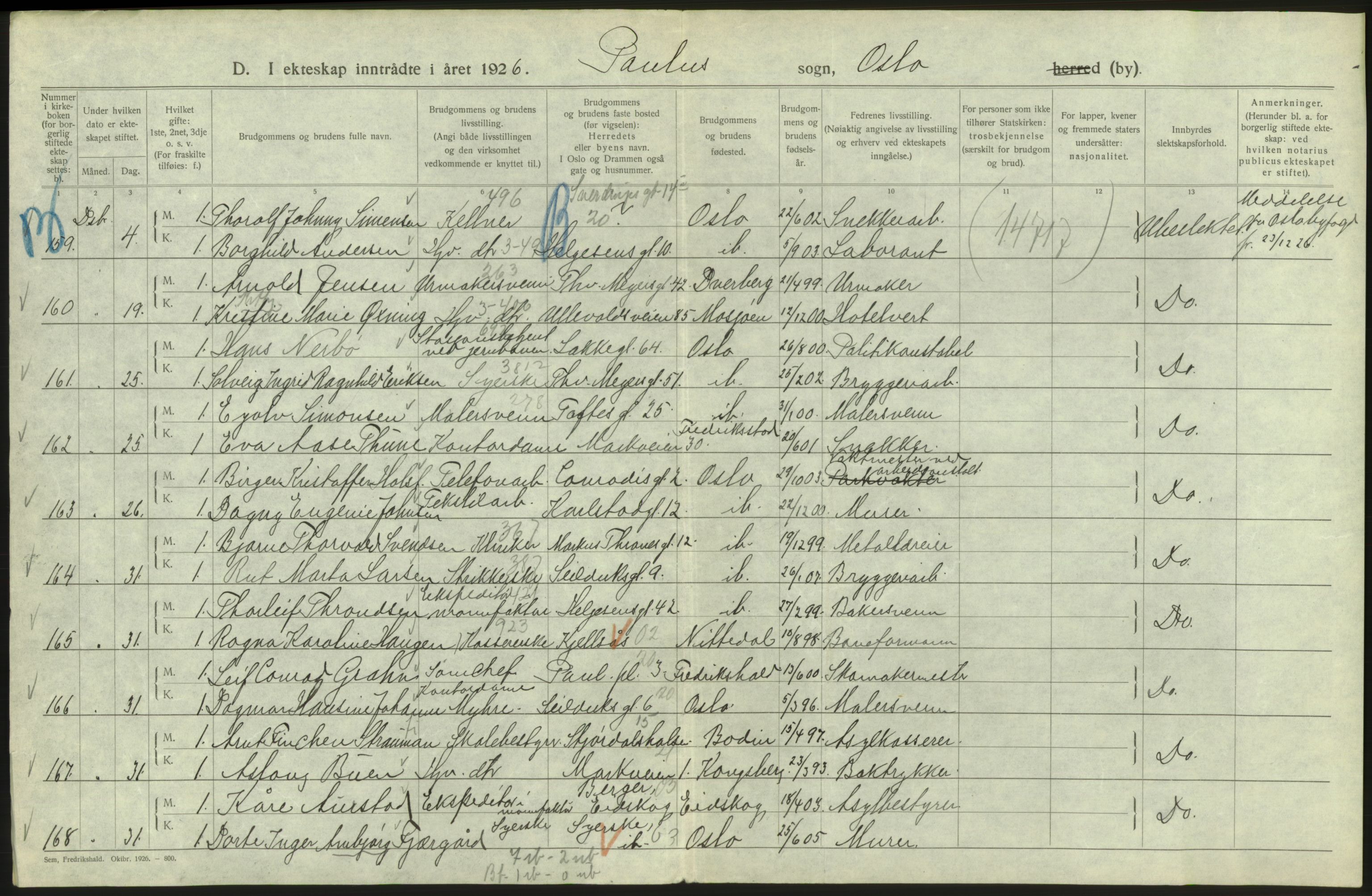 Statistisk sentralbyrå, Sosiodemografiske emner, Befolkning, AV/RA-S-2228/D/Df/Dfc/Dfcf/L0008: Oslo: Gifte, 1926, s. 278