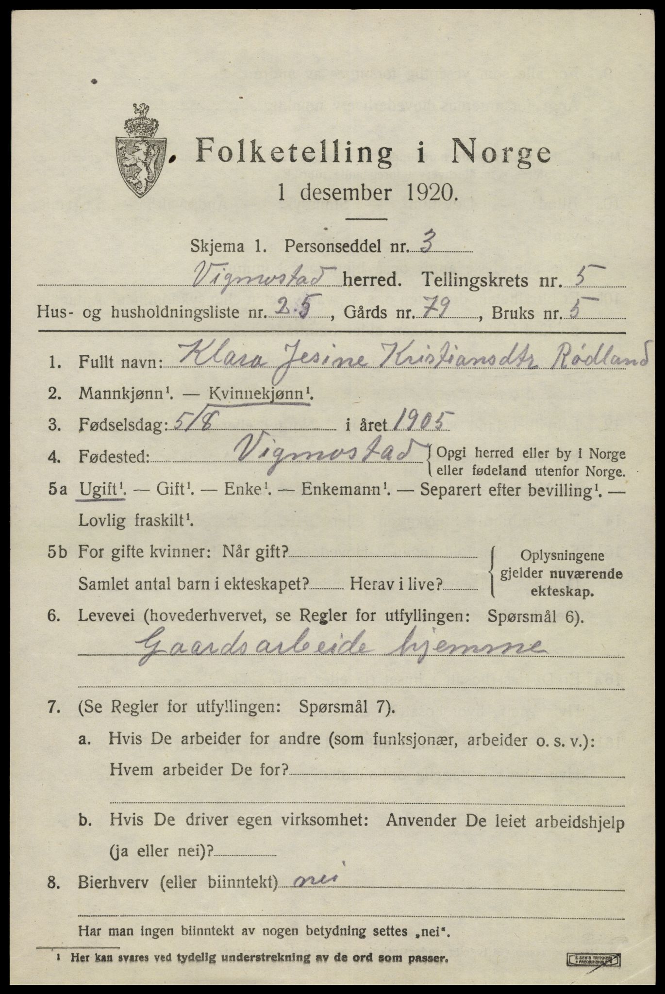 SAK, Folketelling 1920 for 1028 Vigmostad herred, 1920, s. 1921