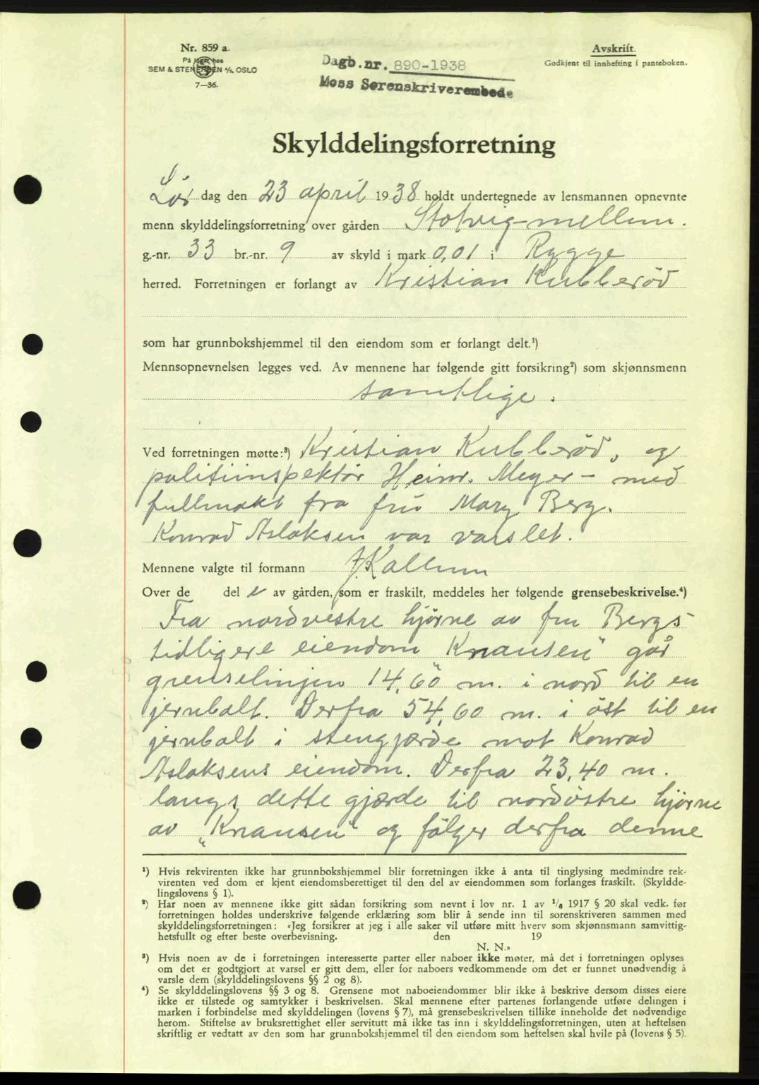 Moss sorenskriveri, SAO/A-10168: Pantebok nr. A4, 1938-1938, Dagboknr: 890/1938