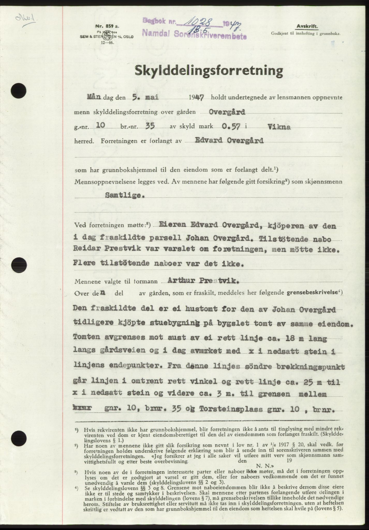Namdal sorenskriveri, SAT/A-4133/1/2/2C: Pantebok nr. -, 1947-1947, Dagboknr: 1028/1947