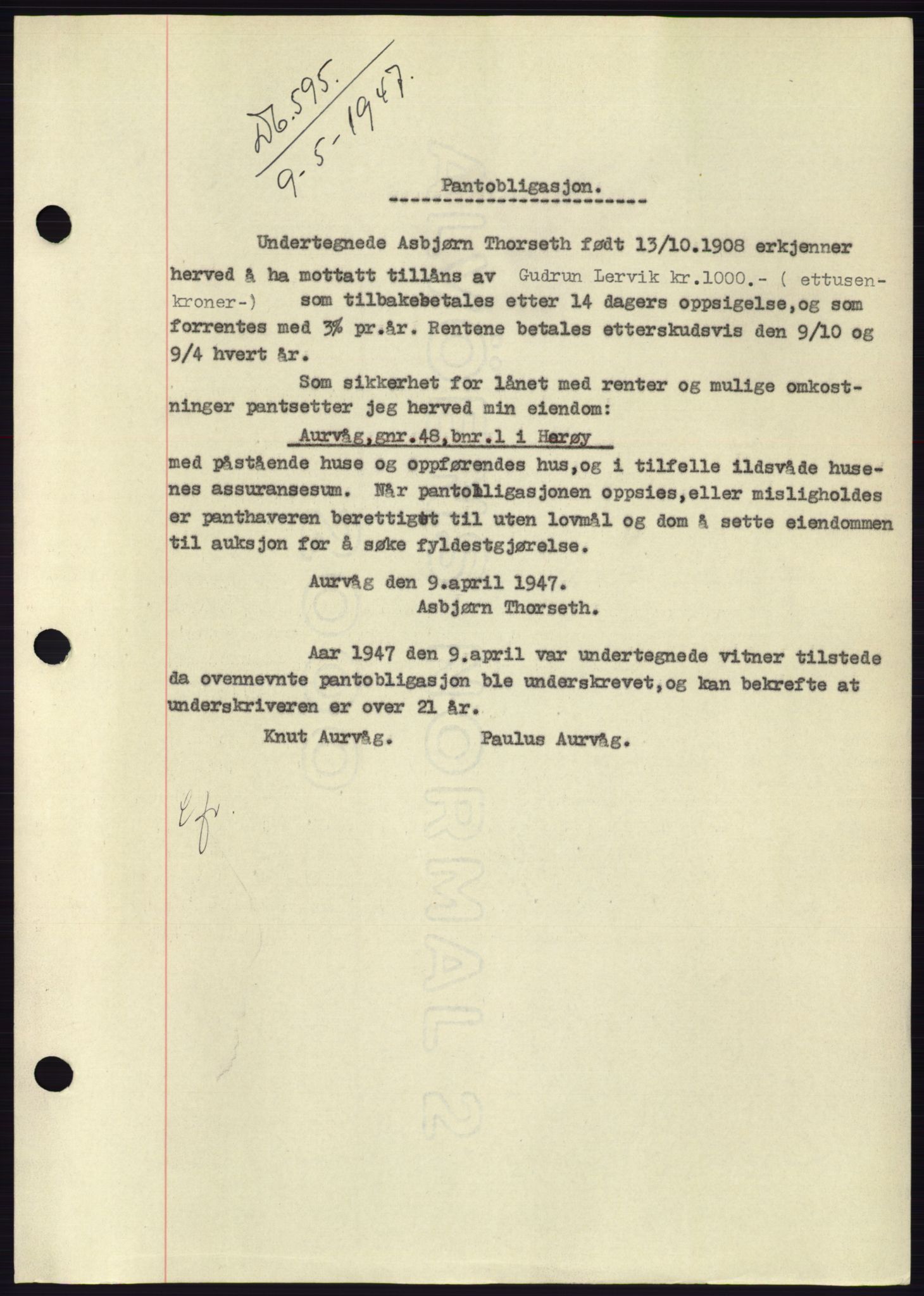 Søre Sunnmøre sorenskriveri, AV/SAT-A-4122/1/2/2C/L0114: Pantebok nr. 1-2B, 1943-1947, Dagboknr: 595/1947
