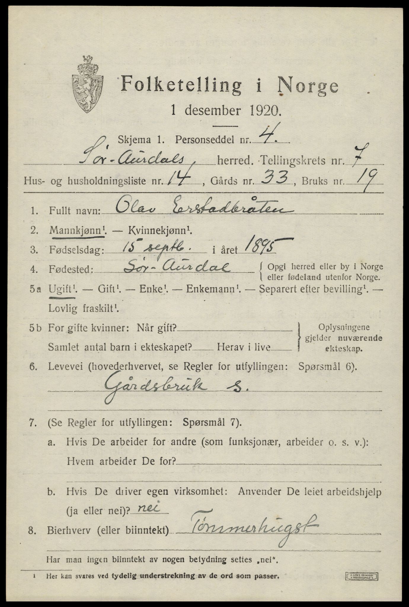 SAH, Folketelling 1920 for 0540 Sør-Aurdal herred, 1920, s. 3735