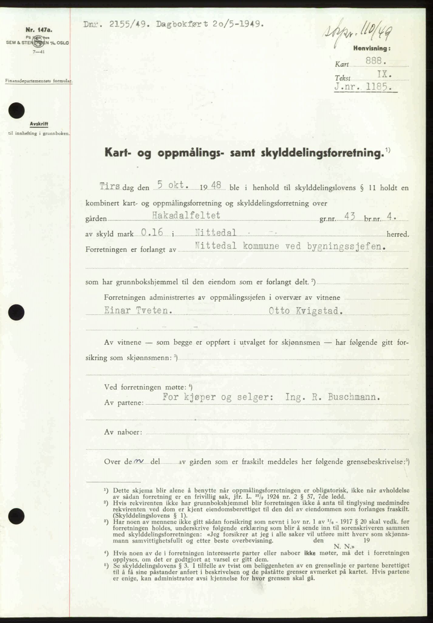 Nedre Romerike sorenskriveri, SAO/A-10469/G/Gb/Gbd/L0025: Pantebok nr. 25, 1949-1949, Dagboknr: 2155/1949