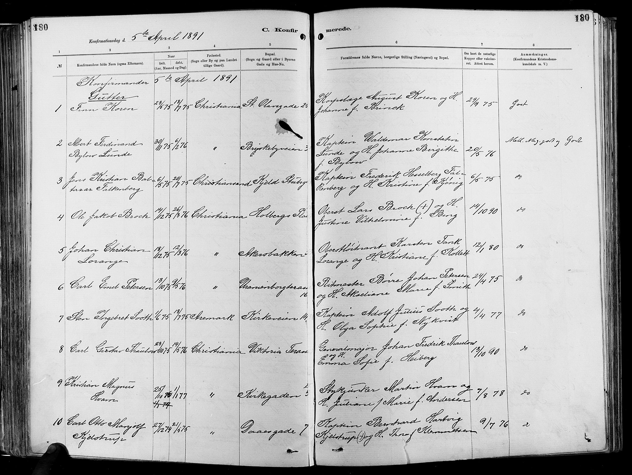 Garnisonsmenigheten Kirkebøker, SAO/A-10846/F/Fa/L0012: Ministerialbok nr. 12, 1880-1893, s. 180
