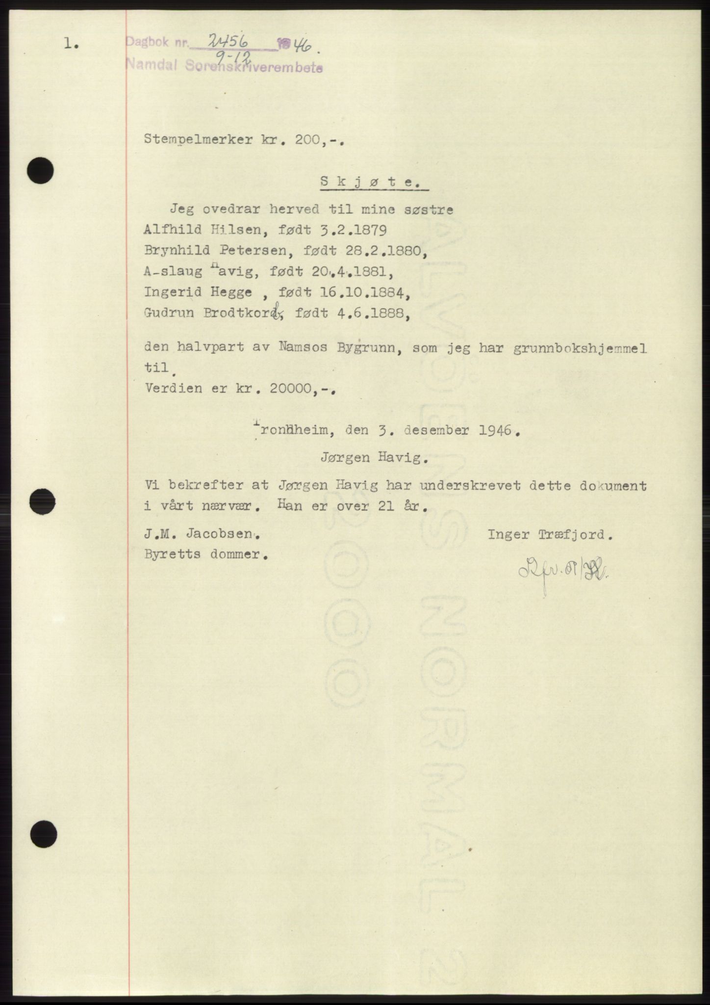 Namdal sorenskriveri, SAT/A-4133/1/2/2C: Pantebok nr. -, 1946-1947, Dagboknr: 2456/1946