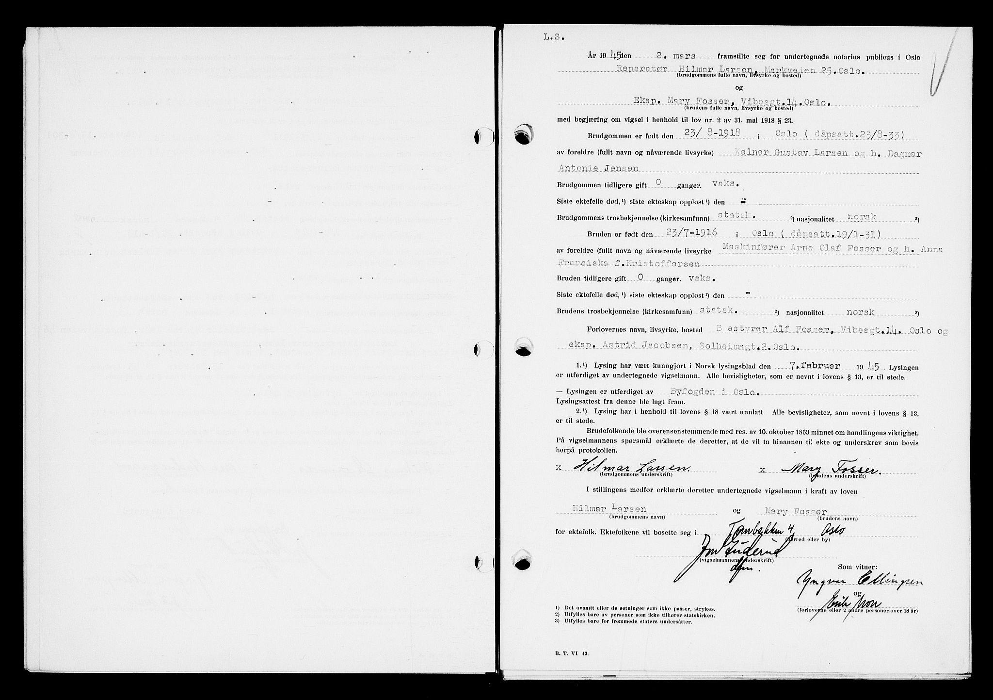 Oslo byfogd avd. I, AV/SAO-A-10220/L/Lb/Lbb/L0053: Notarialprotokoll, rekke II: Vigsler, 1945