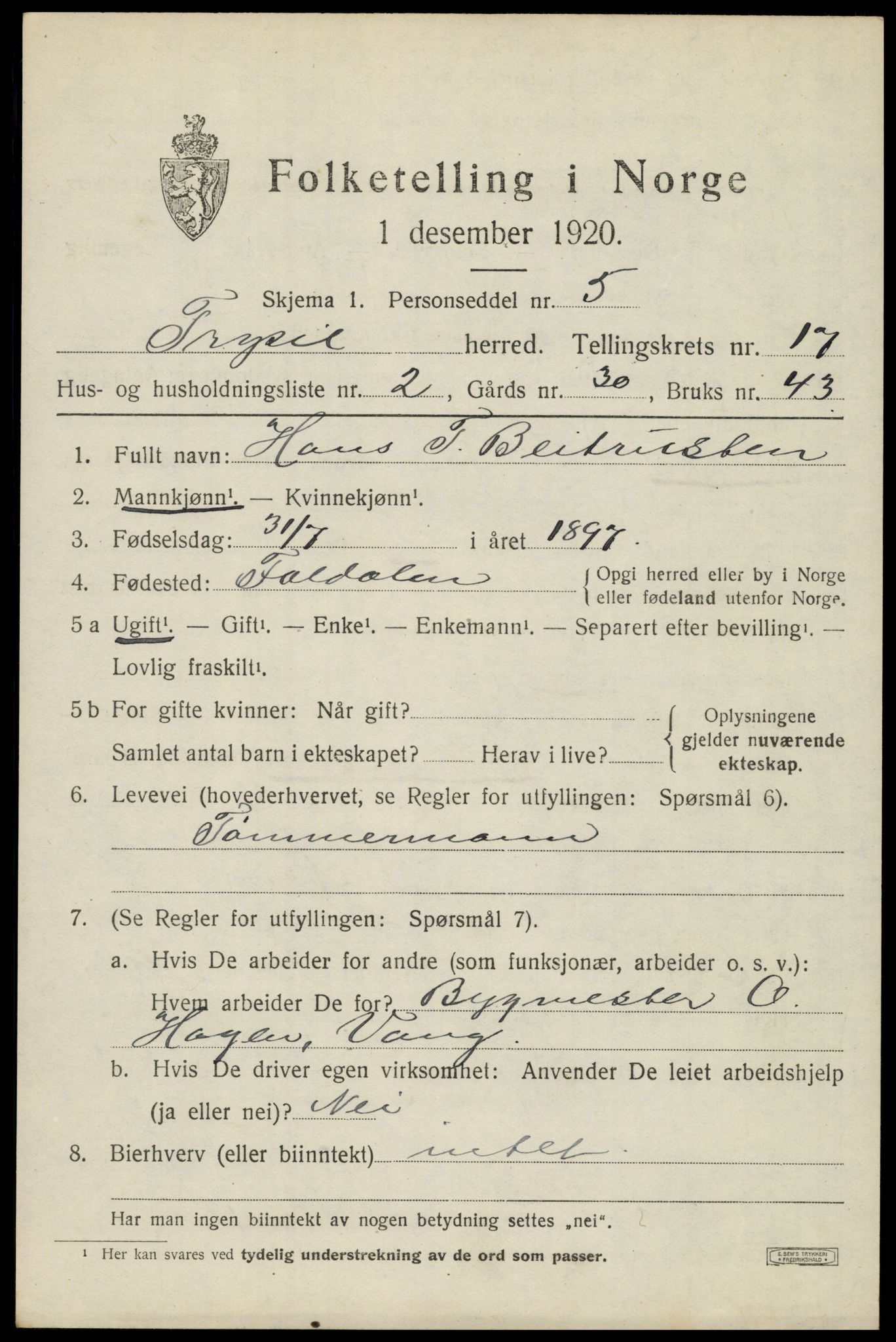 SAH, Folketelling 1920 for 0428 Trysil herred, 1920, s. 10195