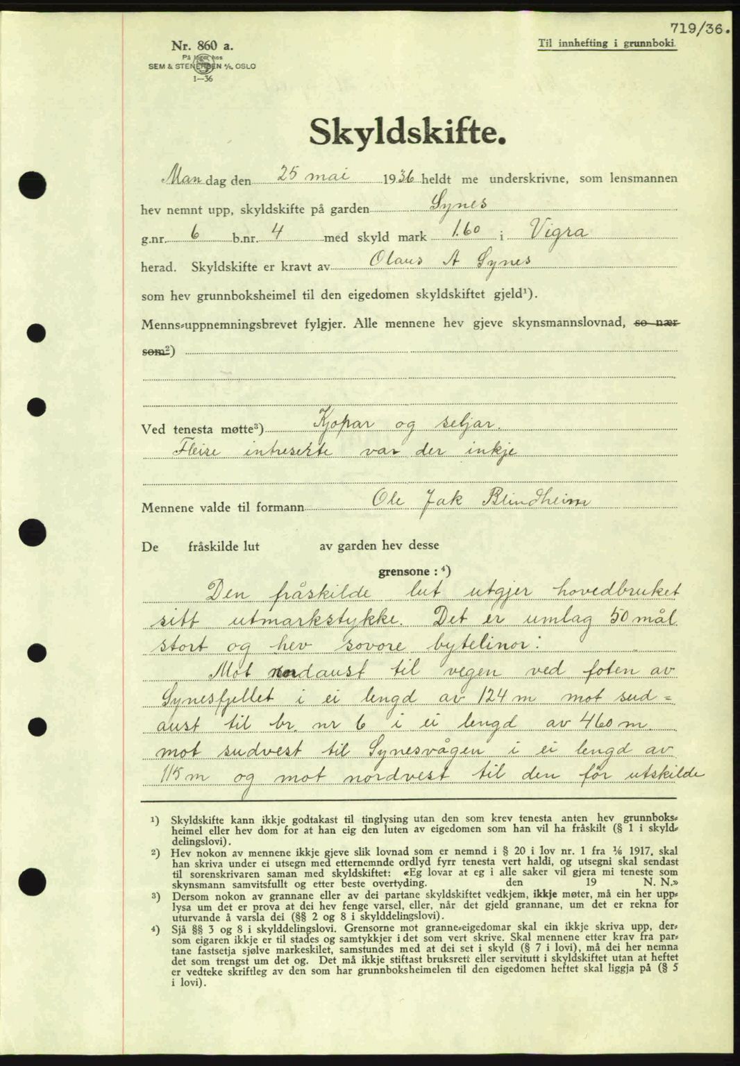 Nordre Sunnmøre sorenskriveri, AV/SAT-A-0006/1/2/2C/2Ca: Pantebok nr. A1, 1936-1936, Dagboknr: 719/1936