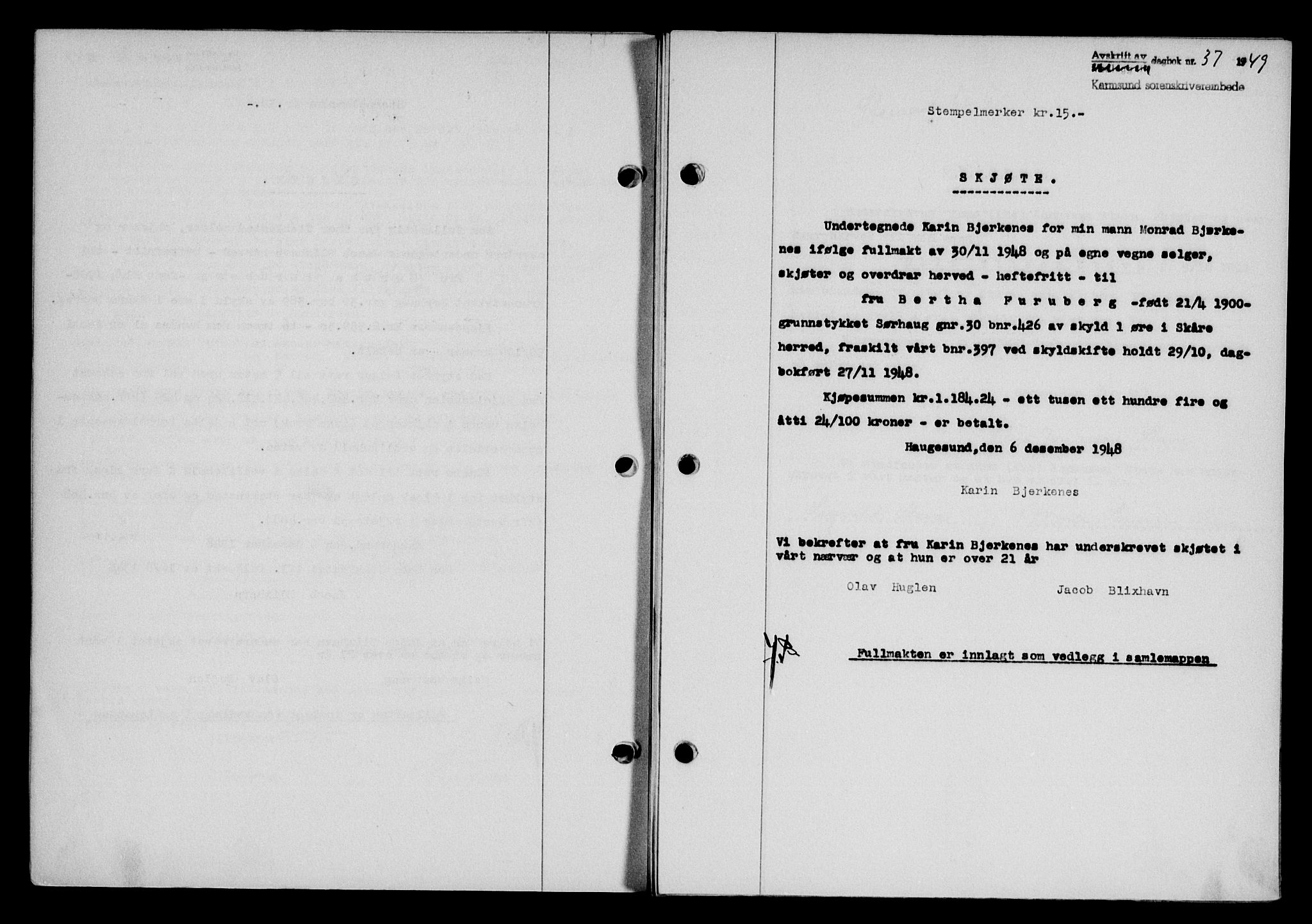 Karmsund sorenskriveri, SAST/A-100311/01/II/IIB/L0095: Pantebok nr. 75A, 1948-1949, Dagboknr: 37/1949