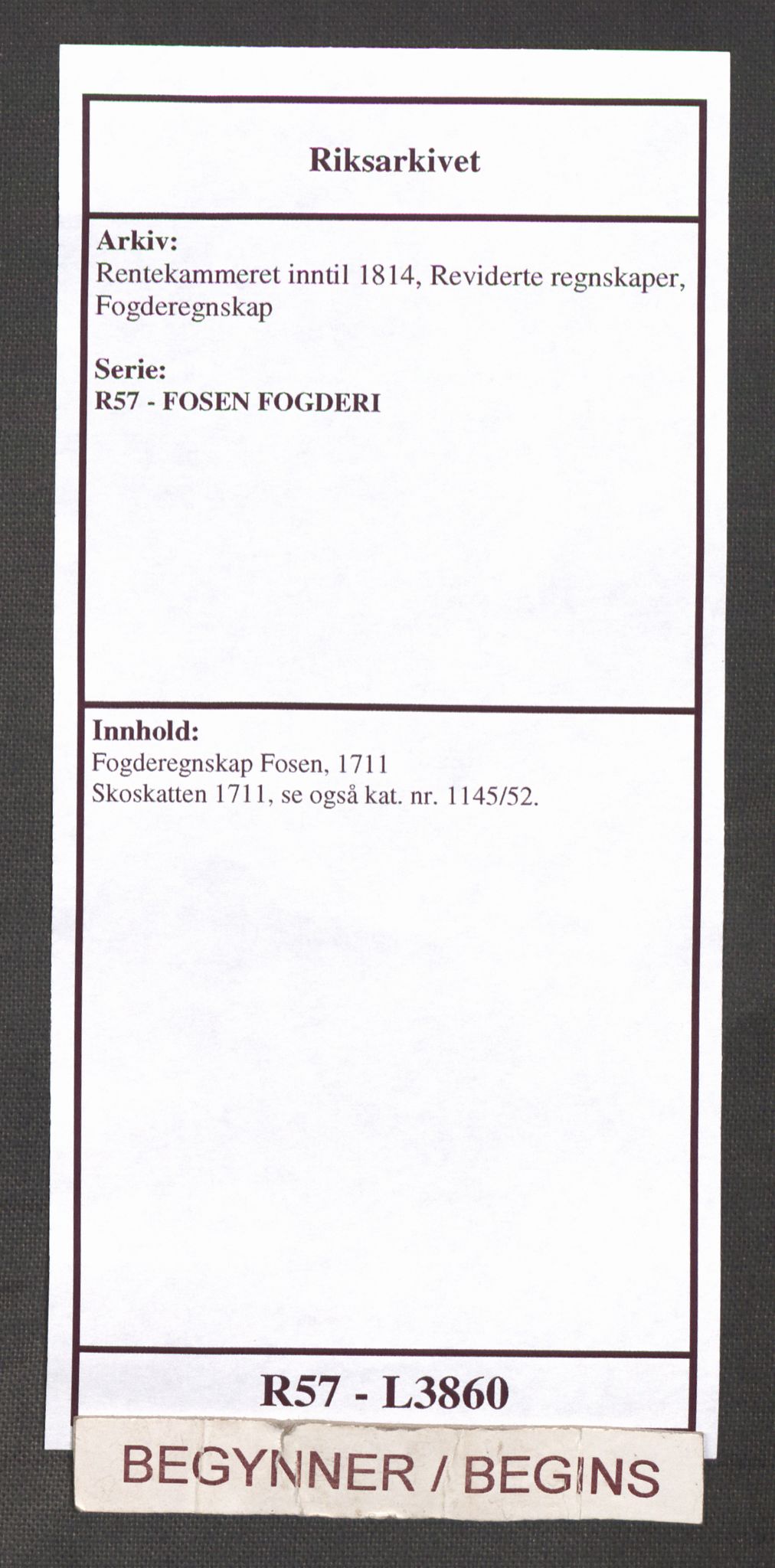 Rentekammeret inntil 1814, Reviderte regnskaper, Fogderegnskap, RA/EA-4092/R57/L3860: Fogderegnskap Fosen, 1711, s. 1