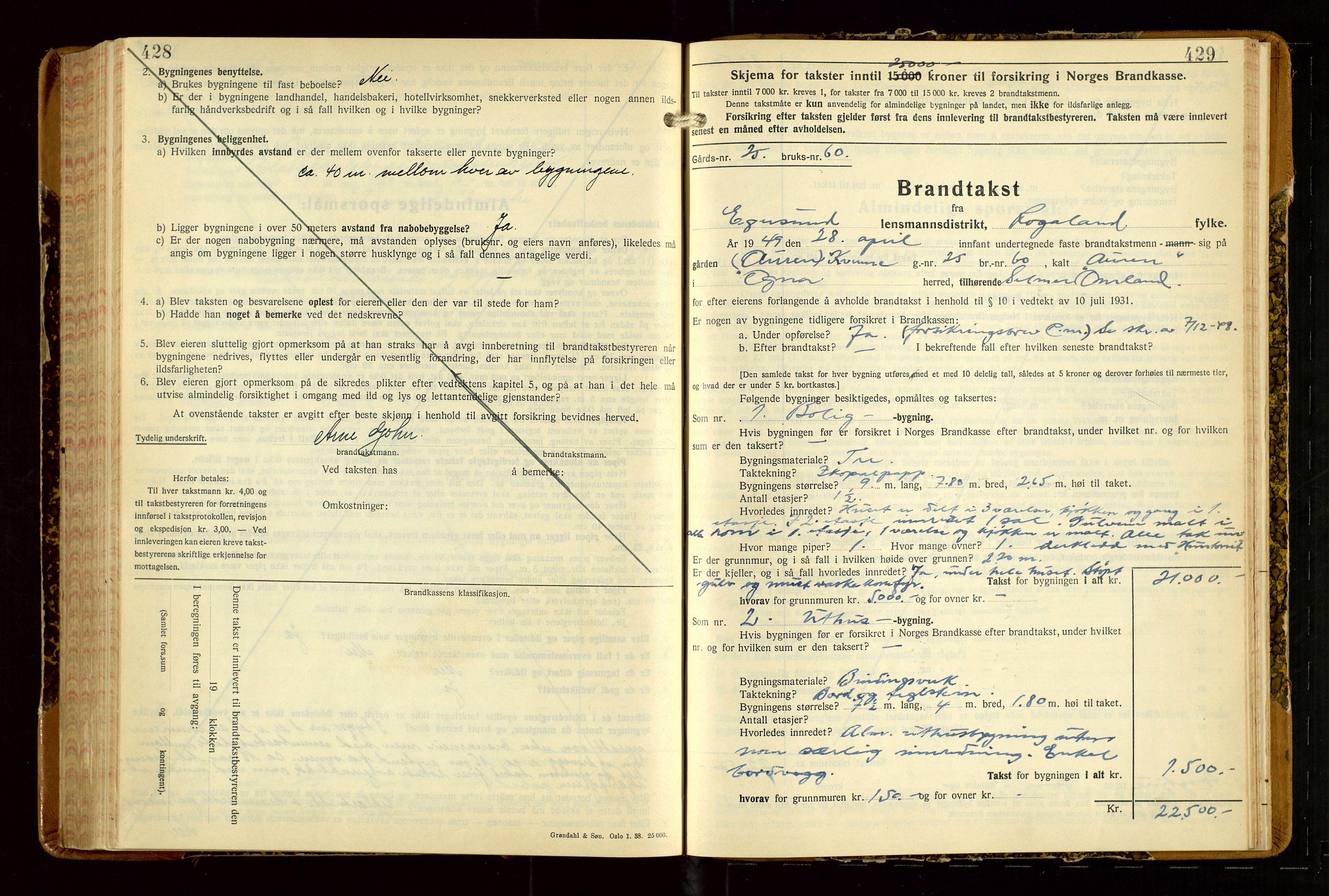 Eigersund lensmannskontor, SAST/A-100171/Gob/L0007: "Brandtakstprotokoll", 1938-1955, s. 428-429