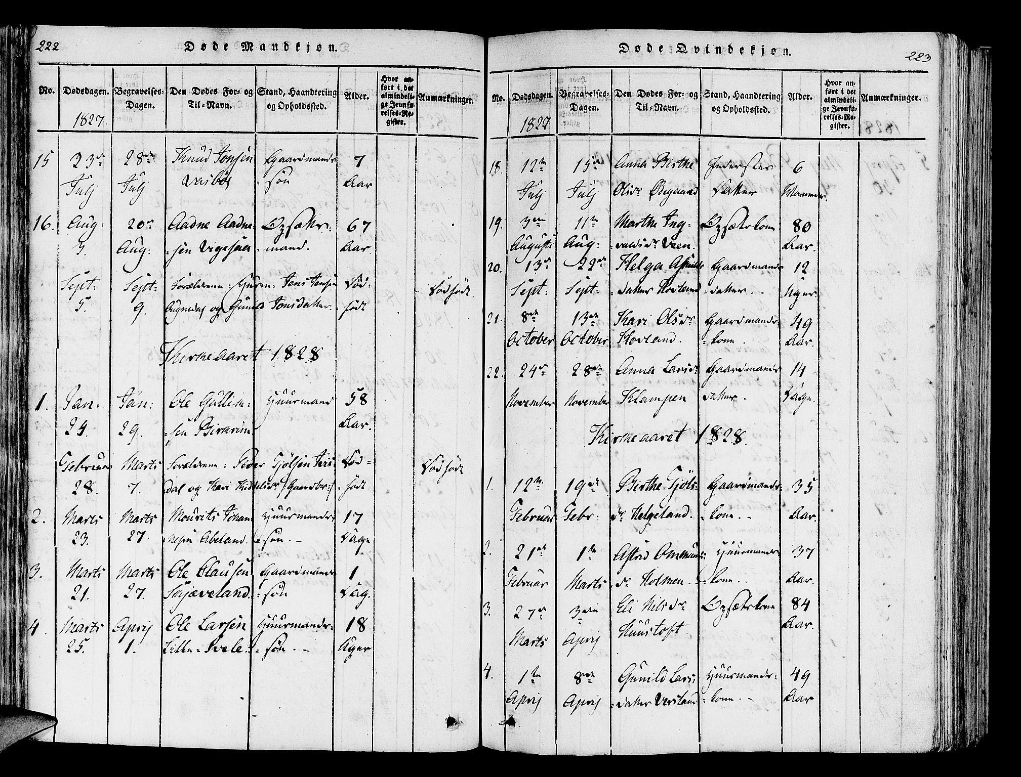 Helleland sokneprestkontor, SAST/A-101810: Ministerialbok nr. A 5, 1815-1834, s. 222-223