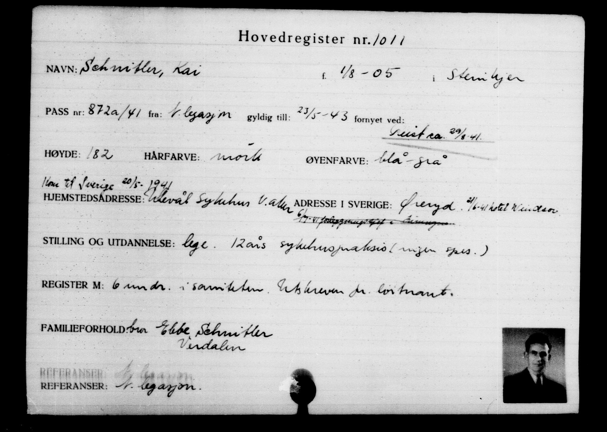 Utenriksstasjonene, Legasjonen i Stockholm, Flyktningkontoret, AV/RA-S-6753/V/Va/L0002: Kjesäterkartoteket, flyktninger med registreringsnr. 1001-2000, 1940-1945, s. 19