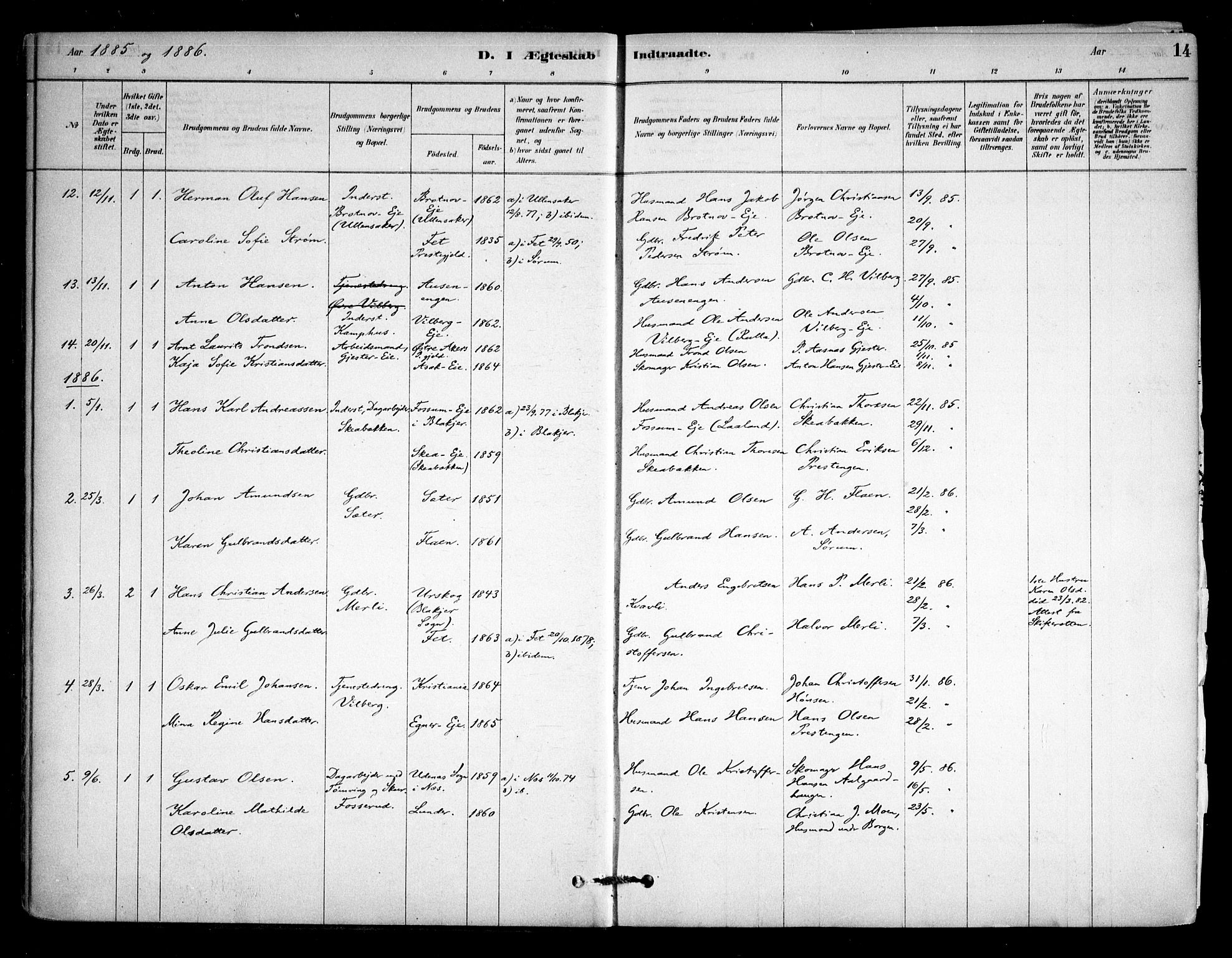 Sørum prestekontor Kirkebøker, AV/SAO-A-10303/F/Fa/L0008: Ministerialbok nr. I 8, 1878-1914, s. 14