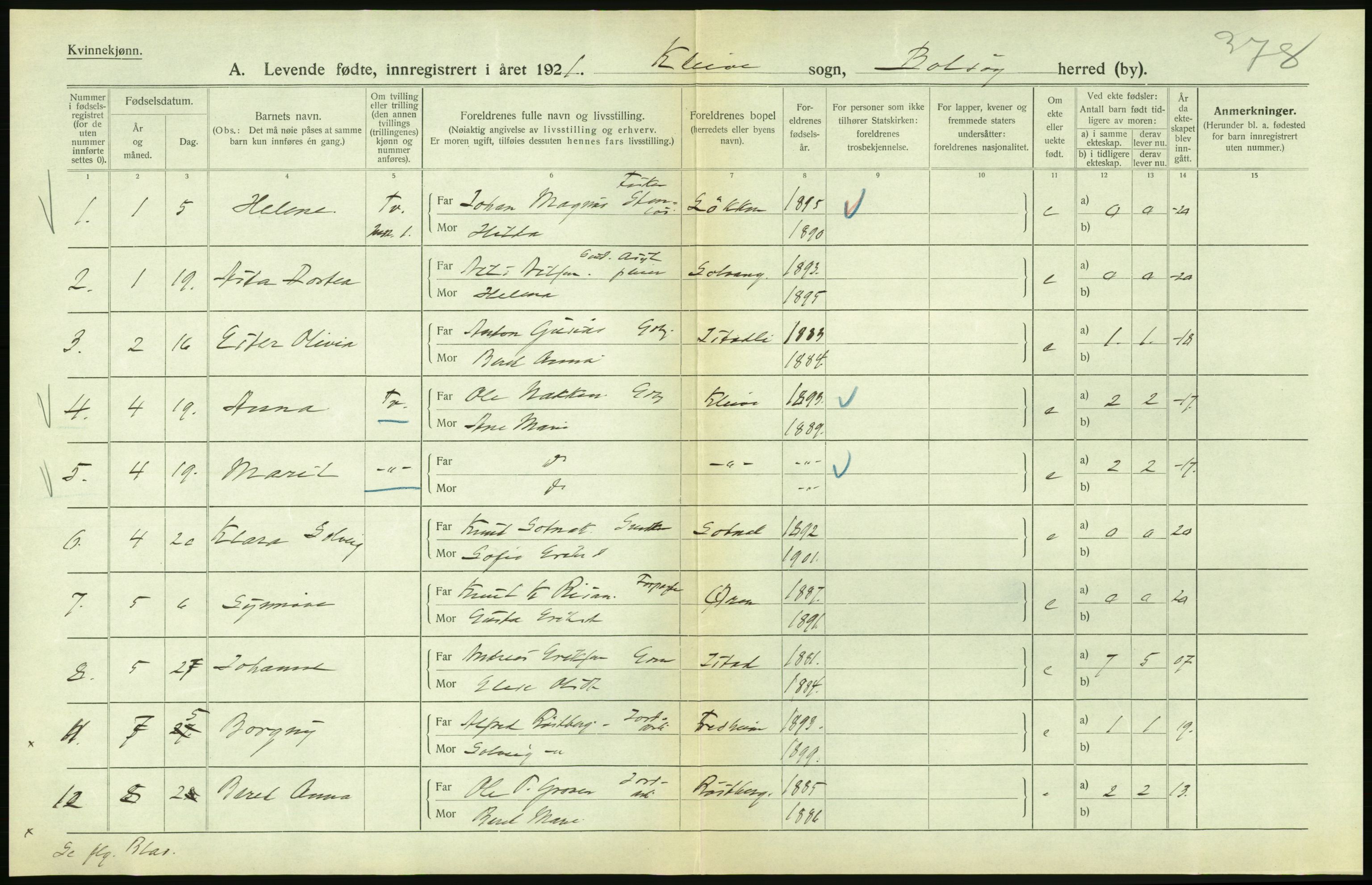 Statistisk sentralbyrå, Sosiodemografiske emner, Befolkning, AV/RA-S-2228/D/Df/Dfc/Dfca/L0040: Møre fylke: Levendefødte menn og kvinner. Bygder., 1921, s. 474