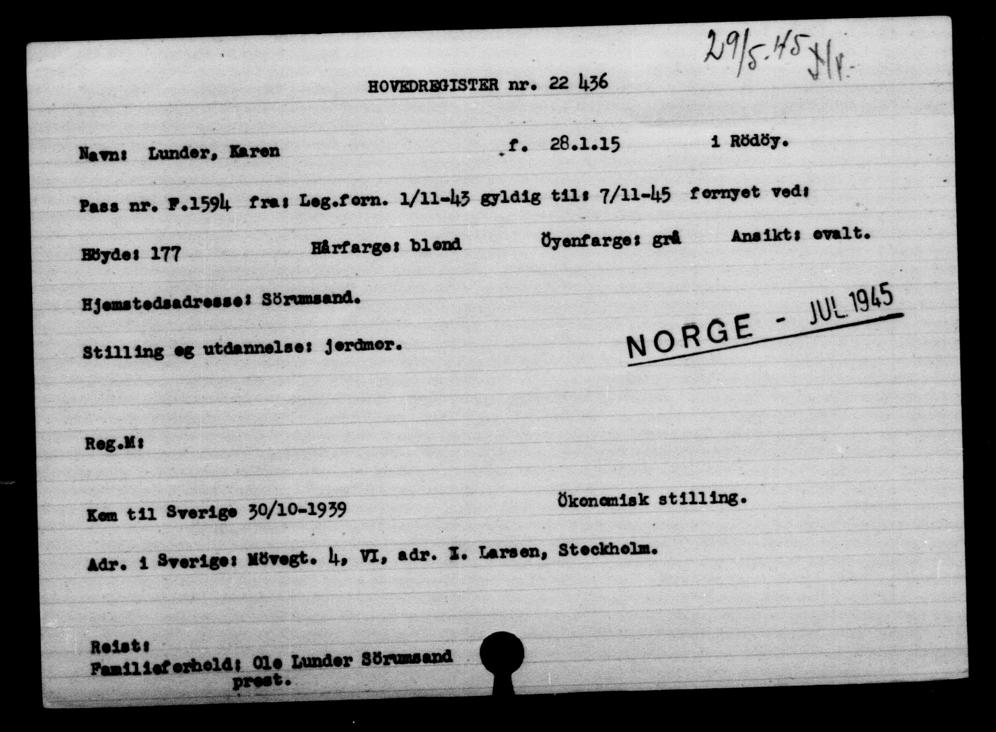 Utenriksstasjonene, Legasjonen i Stockholm, Flyktningkontoret, AV/RA-S-6753/V/Va/L0010: Kjesäterkartoteket, flyktninger med registreringsnr. 22000-25314, 1940-1945, s. 487