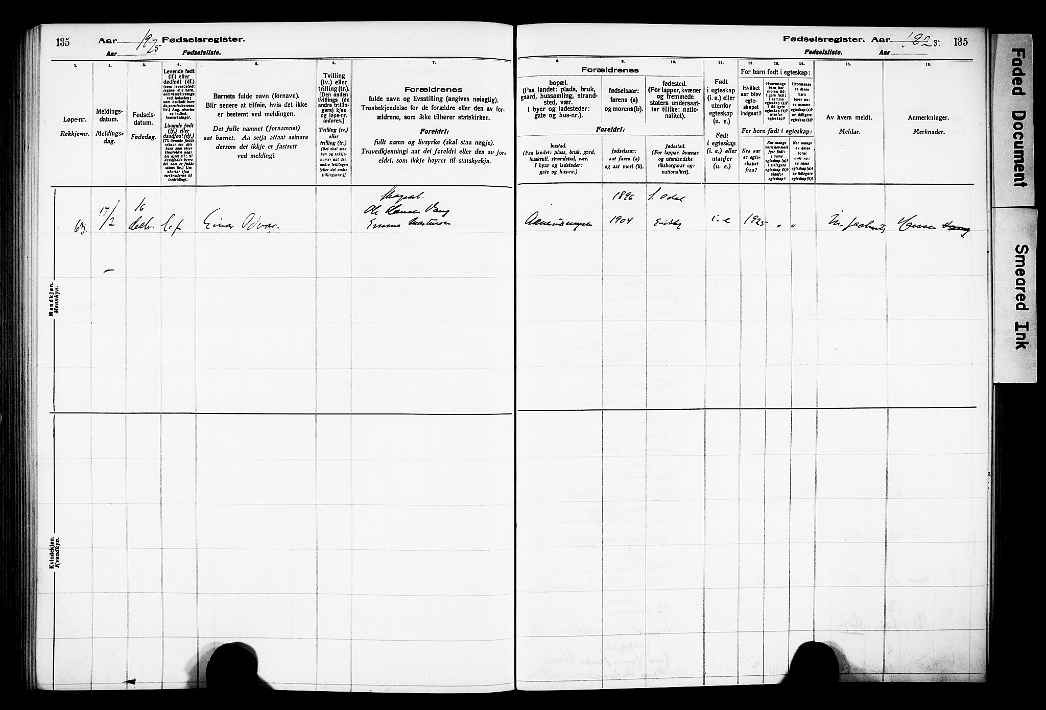 Sør-Odal prestekontor, AV/SAH-PREST-030/I/Id: Fødselsregister nr. 1, 1916-1931, s. 135