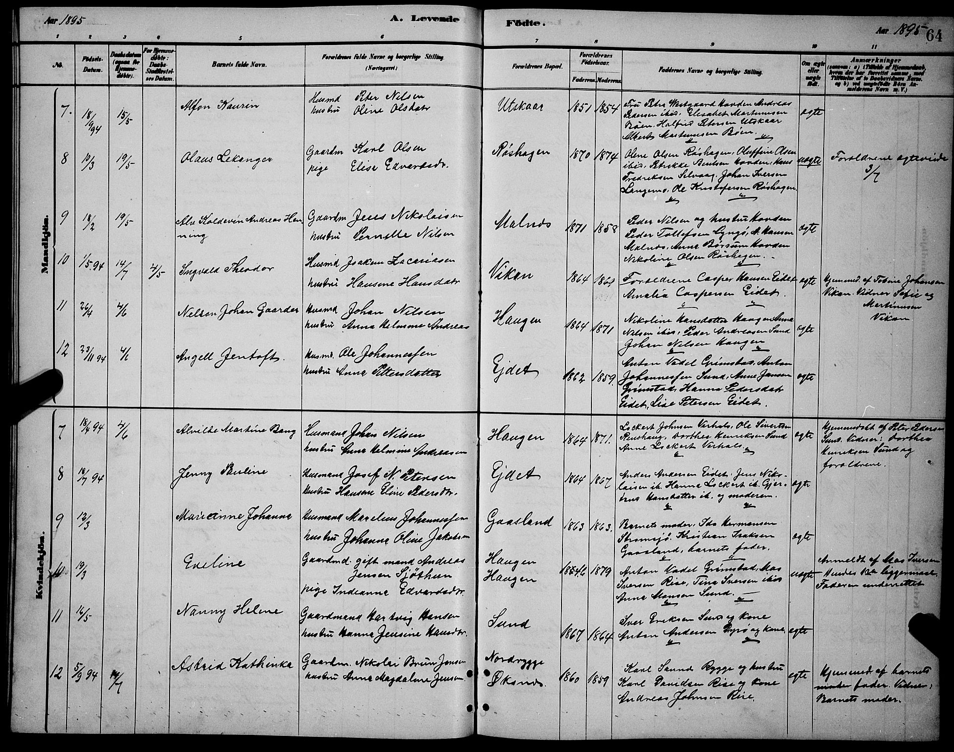 Ministerialprotokoller, klokkerbøker og fødselsregistre - Nordland, AV/SAT-A-1459/892/L1325: Klokkerbok nr. 892C02, 1878-1896, s. 64