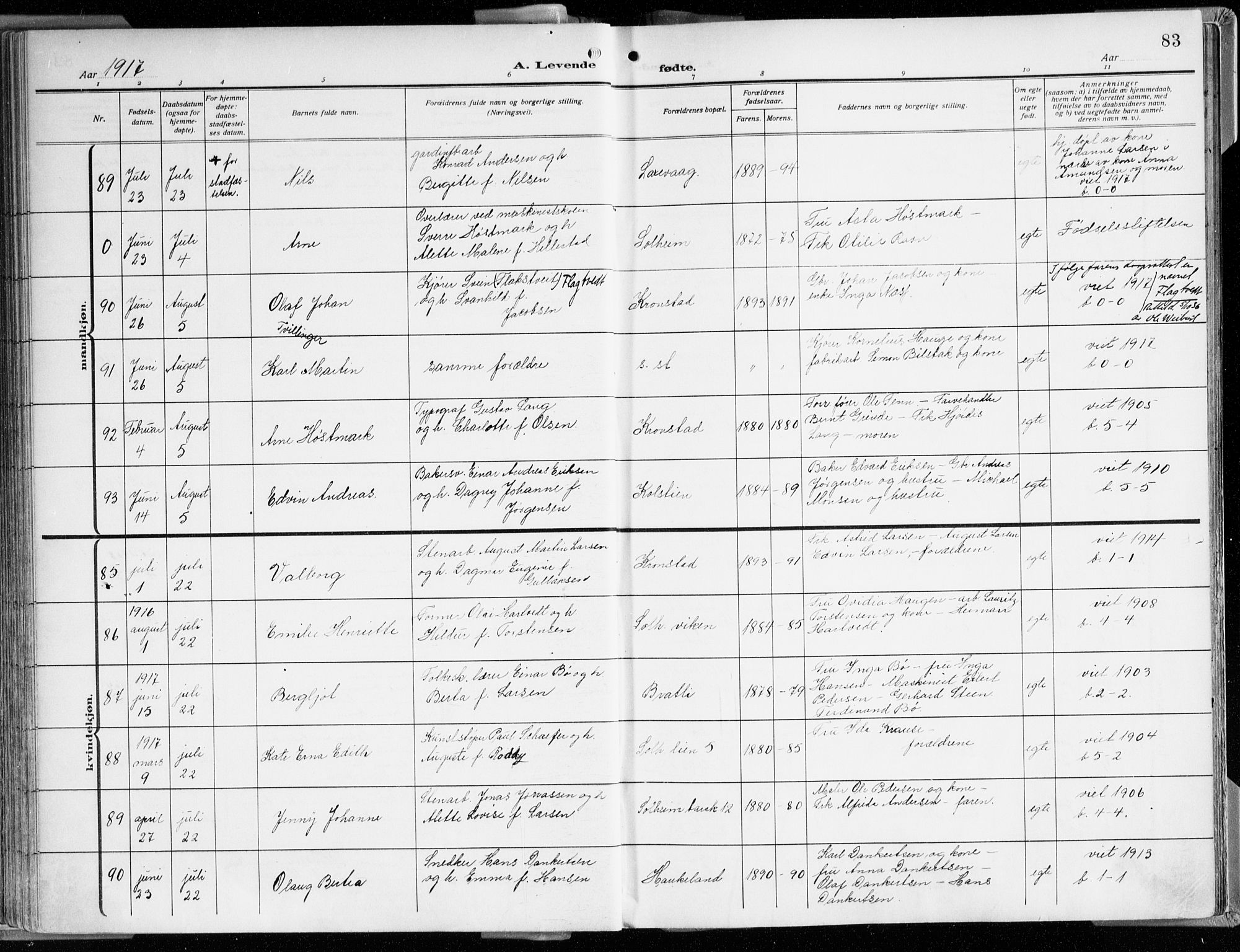Årstad Sokneprestembete, AV/SAB-A-79301/H/Haa/L0003: Ministerialbok nr. A 3, 1914-1919, s. 83