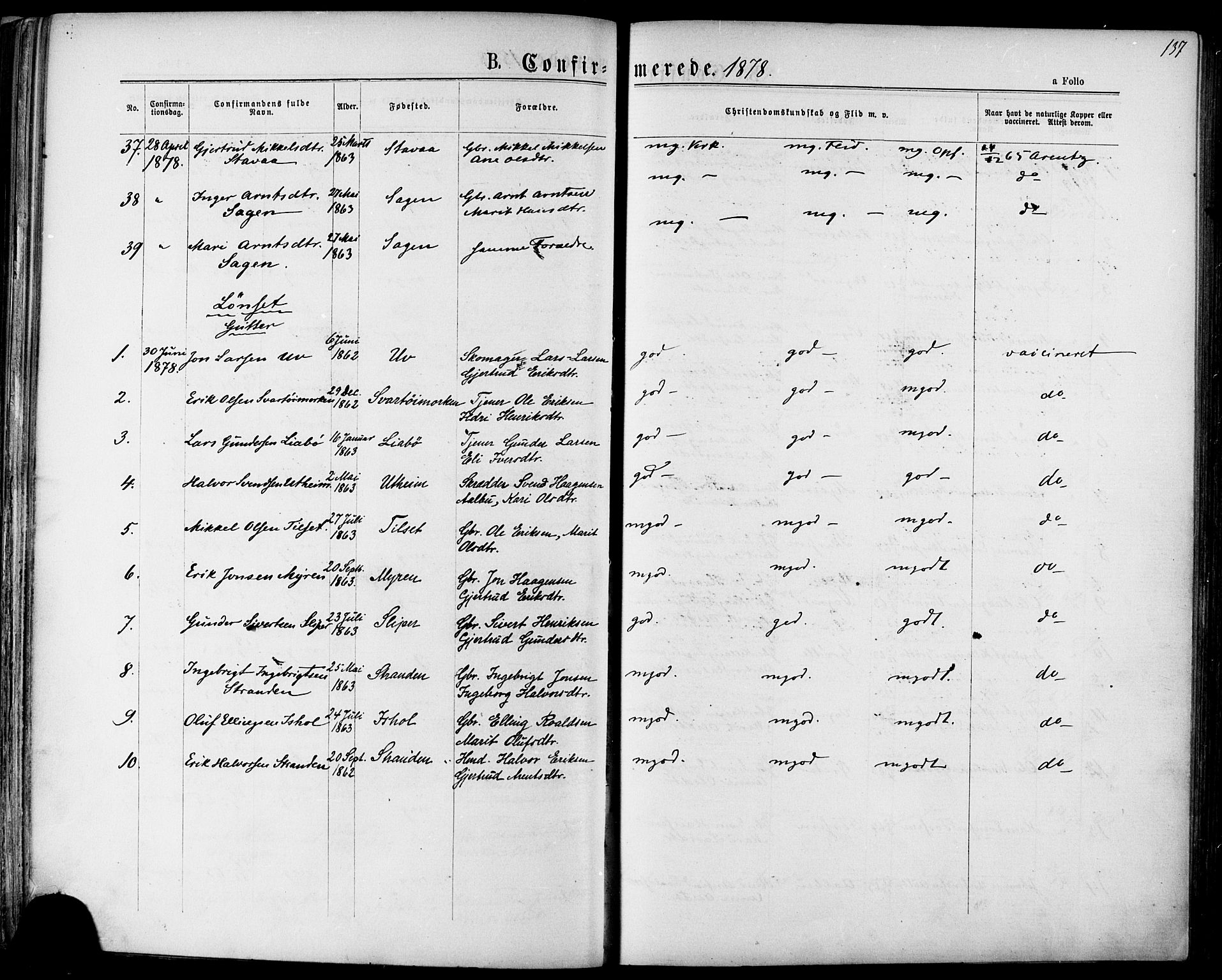 Ministerialprotokoller, klokkerbøker og fødselsregistre - Sør-Trøndelag, SAT/A-1456/678/L0900: Ministerialbok nr. 678A09, 1872-1881, s. 137