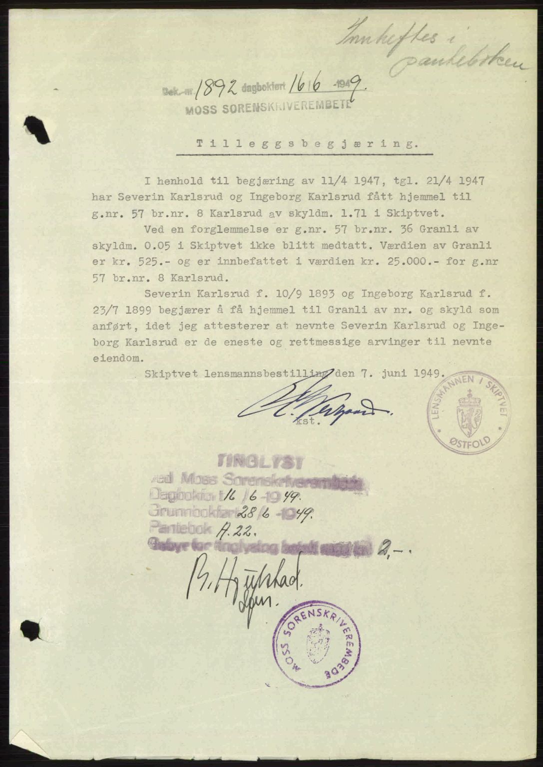 Moss sorenskriveri, SAO/A-10168: Pantebok nr. A2, 1947-1950, Dagboknr: 1892/1949