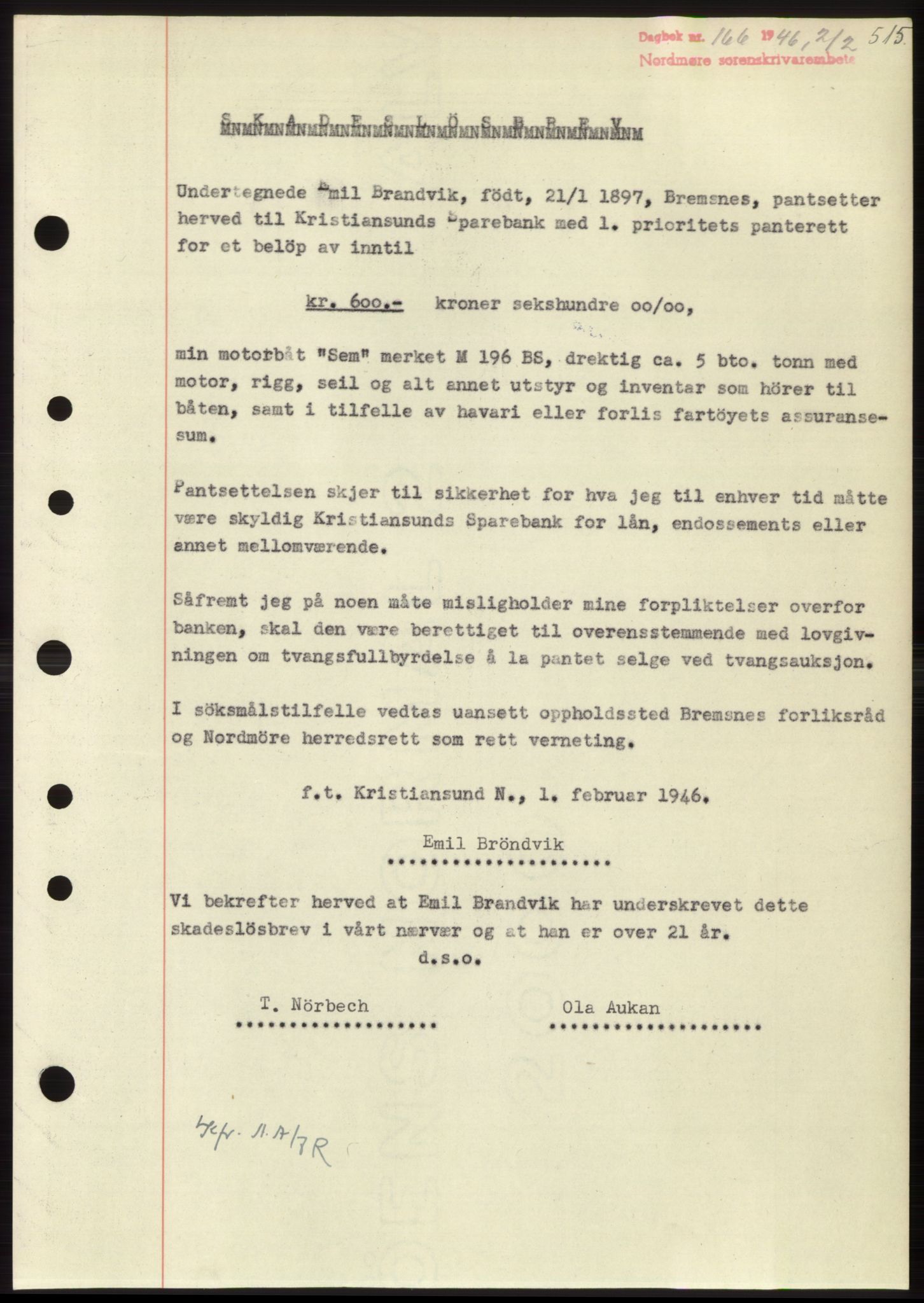 Nordmøre sorenskriveri, SAT/A-4132/1/2/2Ca: Pantebok nr. B93b, 1946-1946, Dagboknr: 166/1946