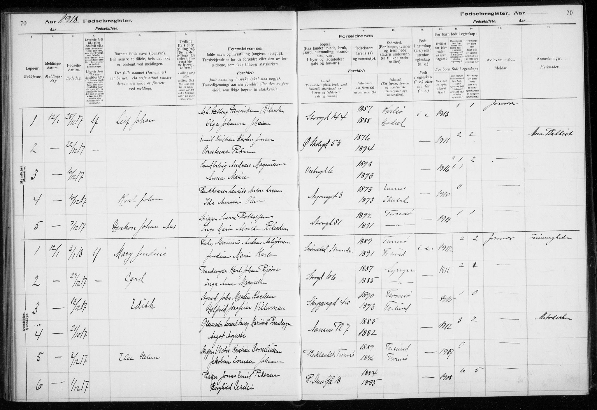 Tromsø sokneprestkontor/stiftsprosti/domprosti, AV/SATØ-S-1343/H/Ha/L0131: Fødselsregister nr. 131, 1916-1921, s. 70