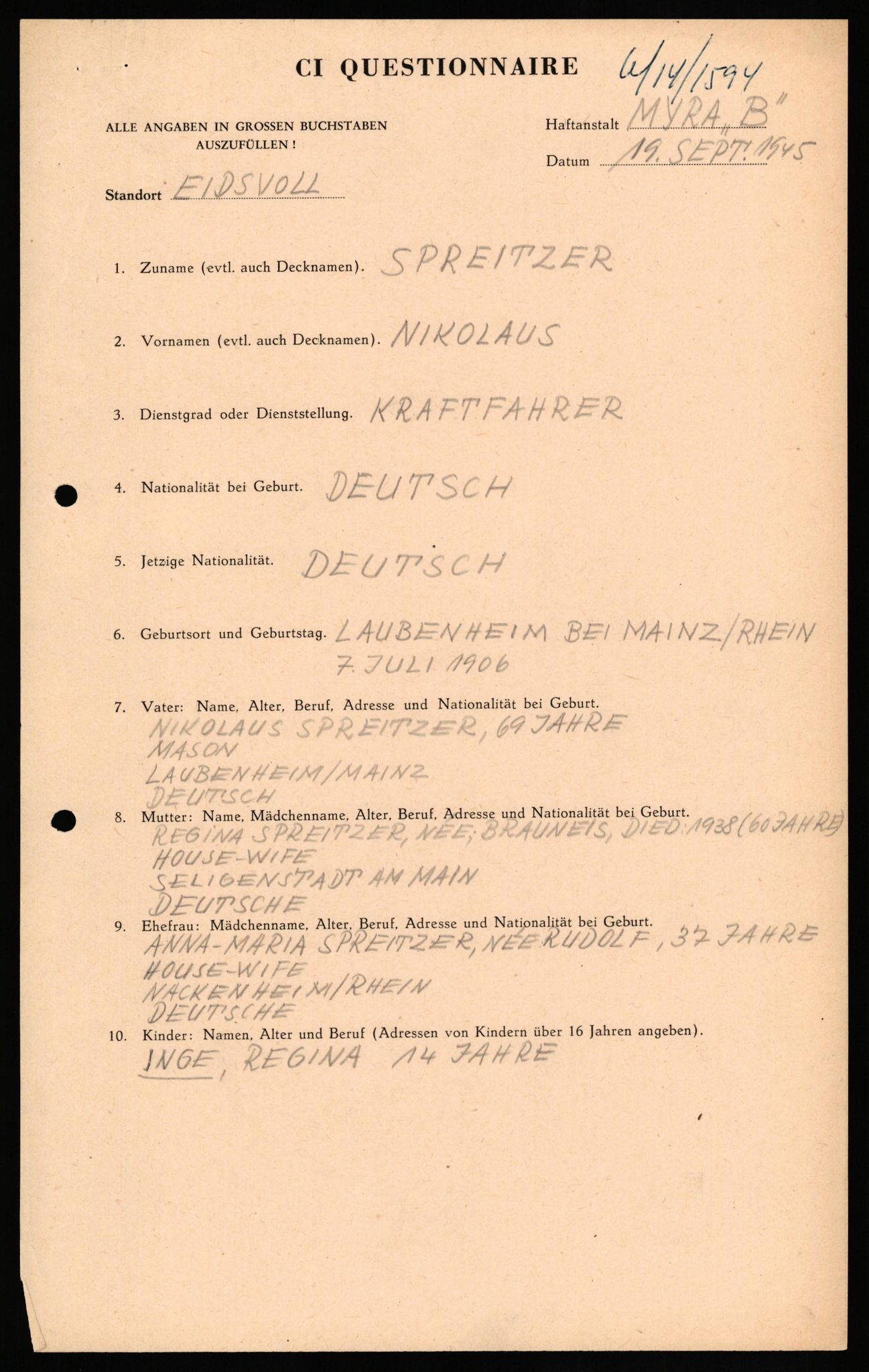 Forsvaret, Forsvarets overkommando II, AV/RA-RAFA-3915/D/Db/L0032: CI Questionaires. Tyske okkupasjonsstyrker i Norge. Tyskere., 1945-1946, s. 310