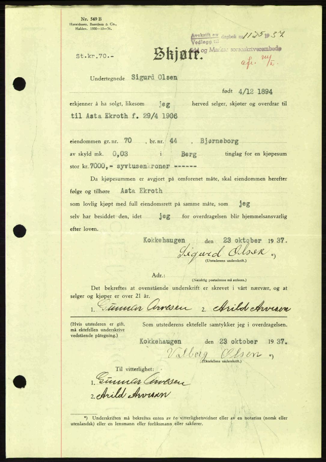 Idd og Marker sorenskriveri, AV/SAO-A-10283/G/Gb/Gbb/L0002: Pantebok nr. A2, 1937-1938, Dagboknr: 1125/1937