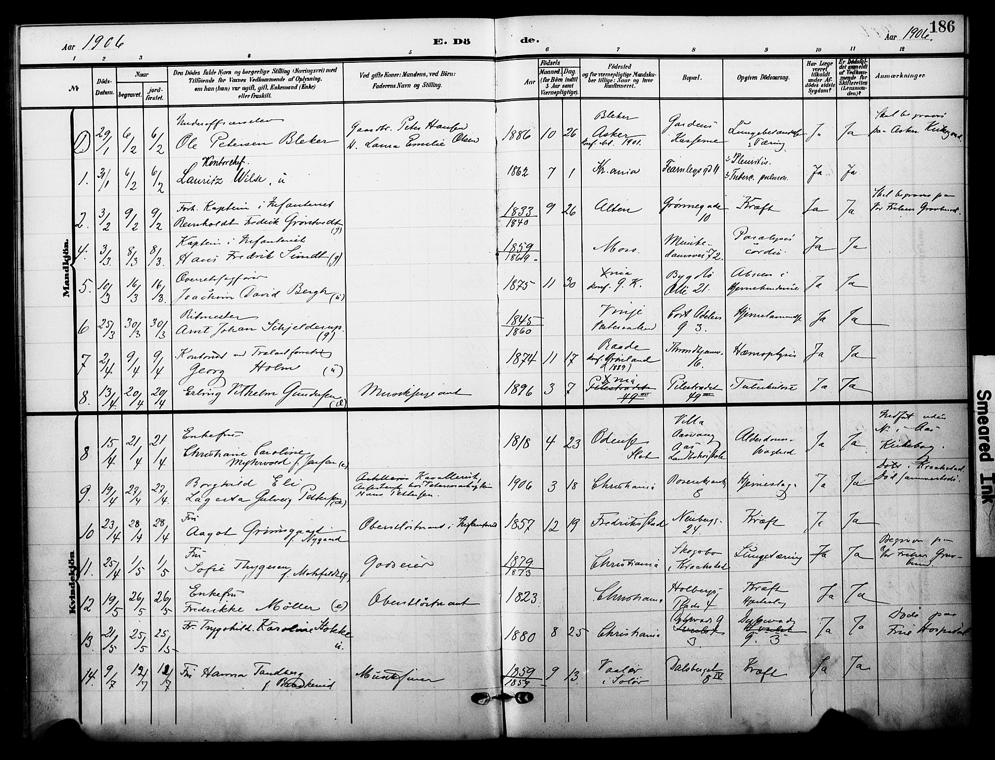 Garnisonsmenigheten Kirkebøker, AV/SAO-A-10846/F/Fa/L0014: Ministerialbok nr. 14, 1905-1914, s. 186