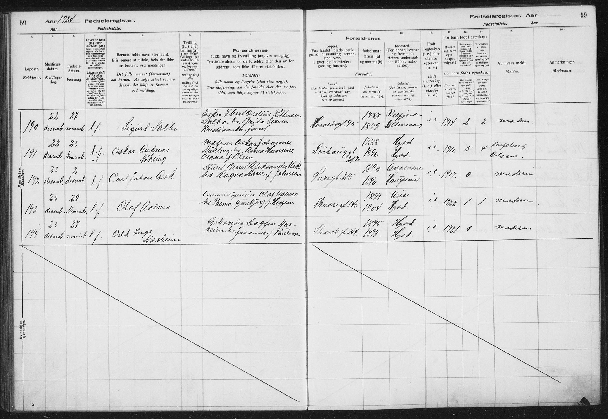 Haugesund sokneprestkontor, AV/SAST-A -101863/I/Id/L0005: Fødselsregister nr. 3, 1923-1929, s. 59