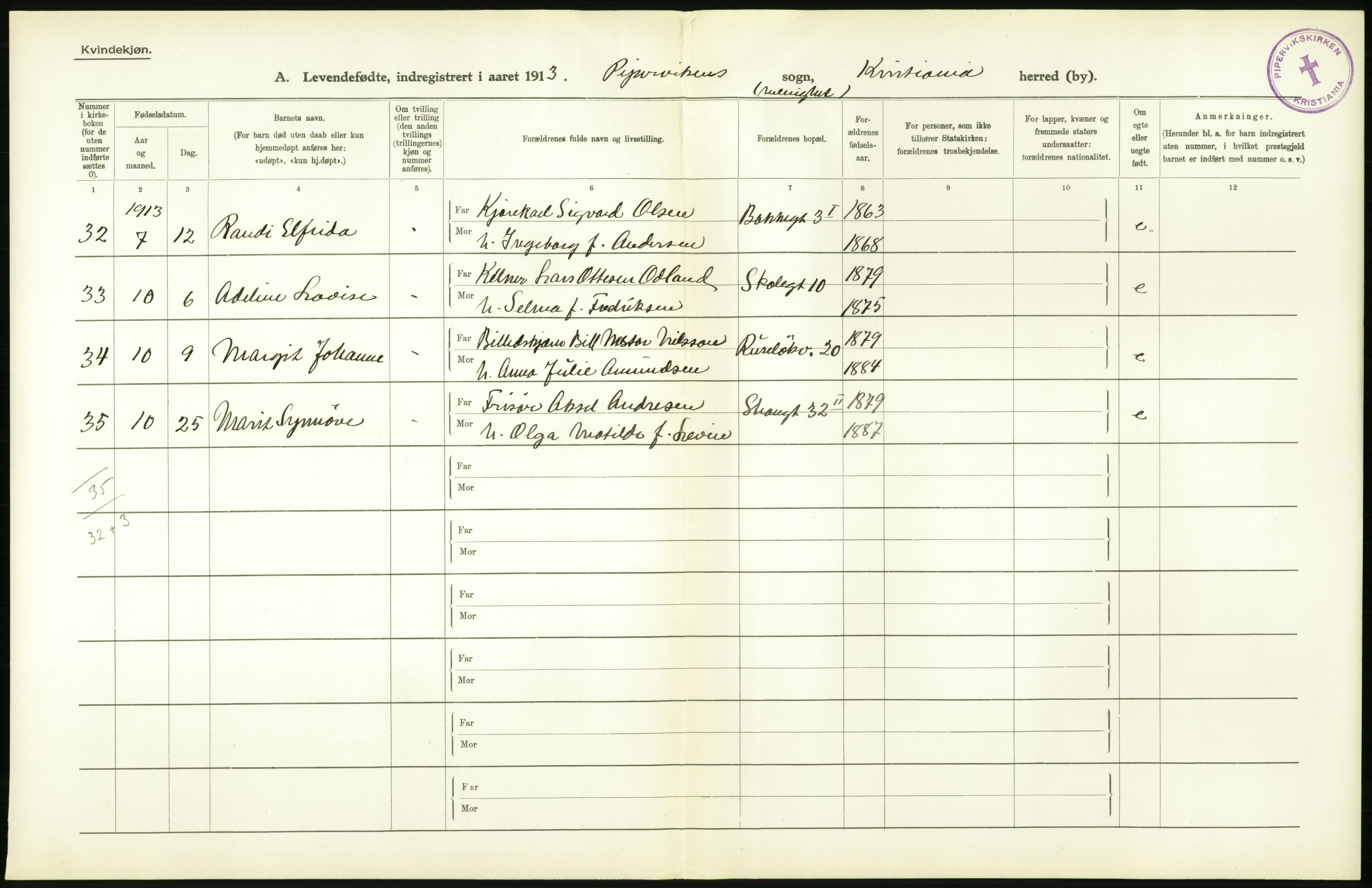 Statistisk sentralbyrå, Sosiodemografiske emner, Befolkning, AV/RA-S-2228/D/Df/Dfb/Dfbc/L0007: Kristiania: Levendefødte menn og kvinner., 1913, s. 320