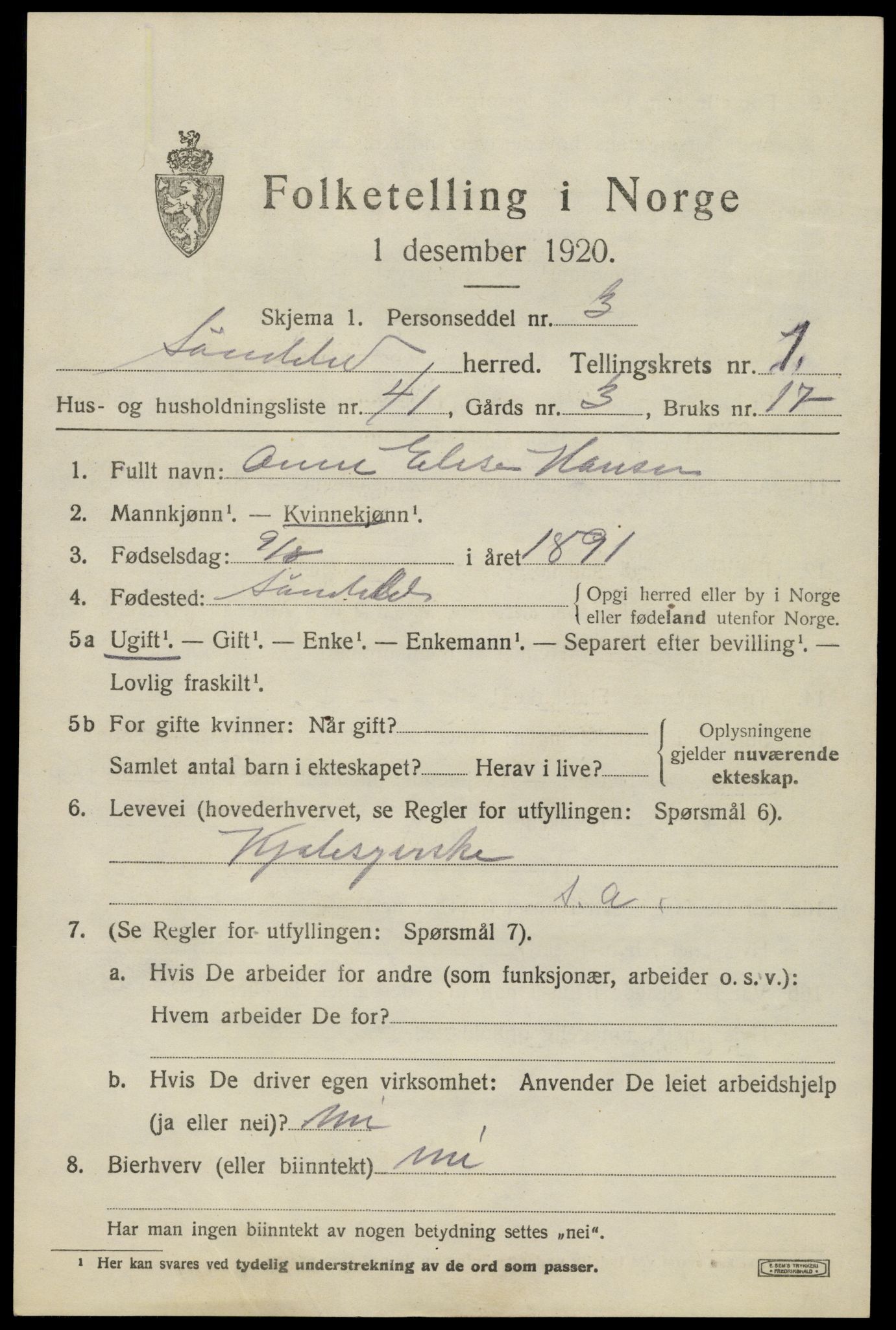 SAK, Folketelling 1920 for 0913 Søndeled herred, 1920, s. 1703