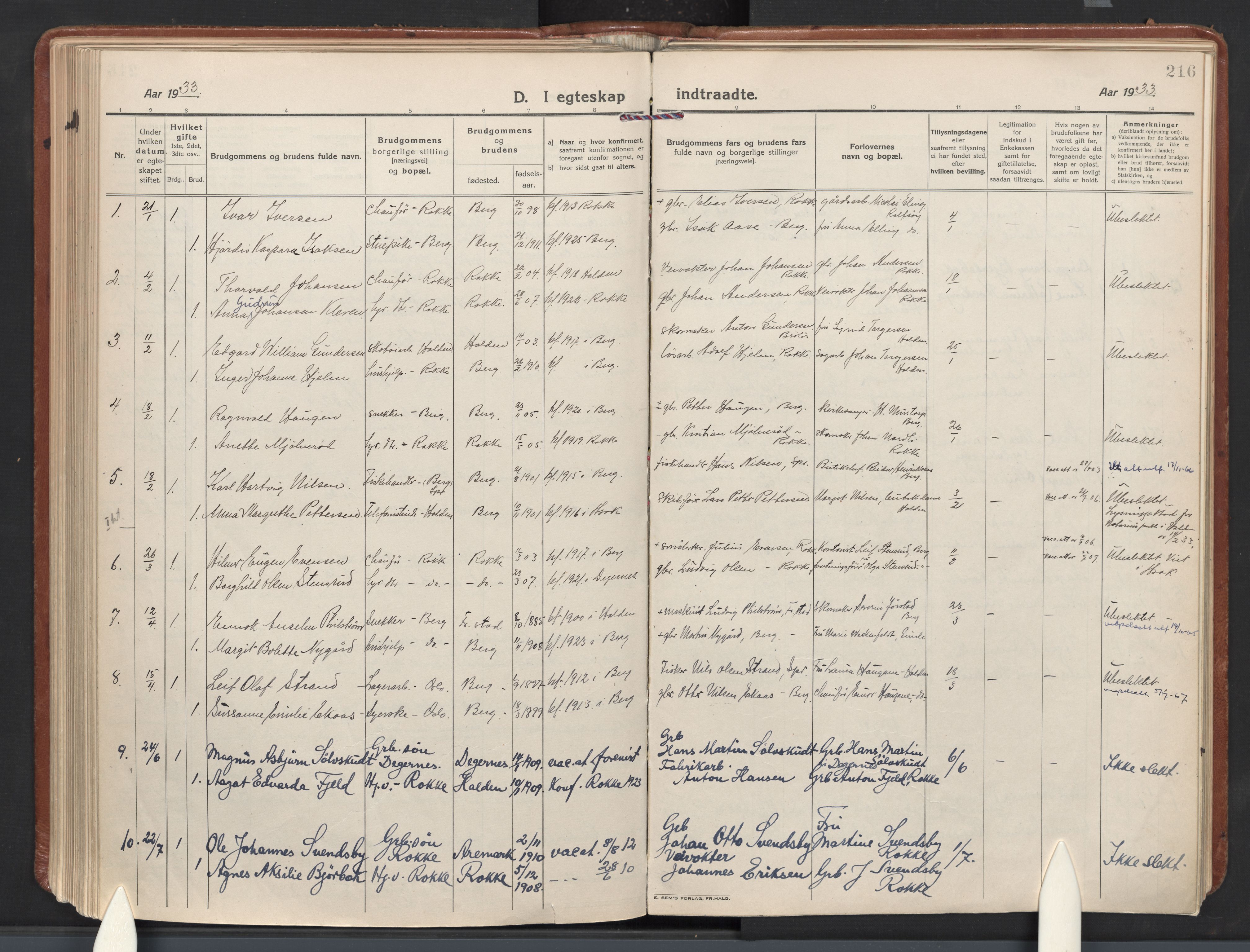 Berg prestekontor Kirkebøker, AV/SAO-A-10902/F/Fa/L0009: Ministerialbok nr. I 9, 1921-1939, s. 216