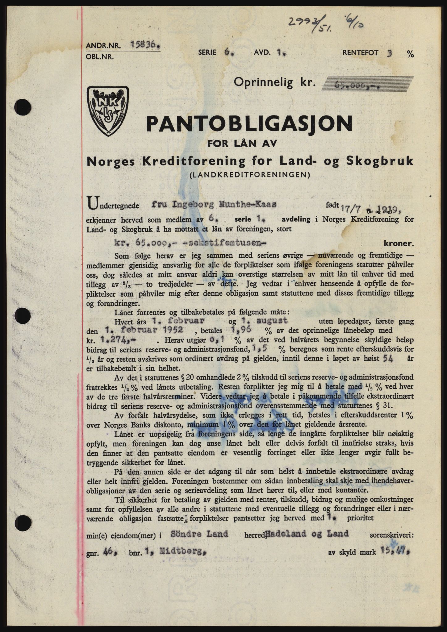 Hadeland og Land tingrett, SAH/TING-010/H/Hb/Hbc/L0022: Pantebok nr. B22, 1951-1951, Dagboknr: 2993/1951