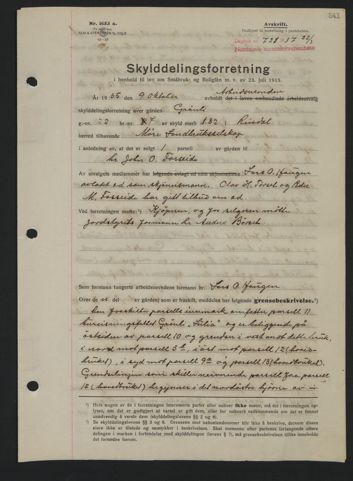 Nordmøre sorenskriveri, SAT/A-4132/1/2/2Ca: Pantebok nr. A81, 1937-1937, Dagboknr: 721/1937