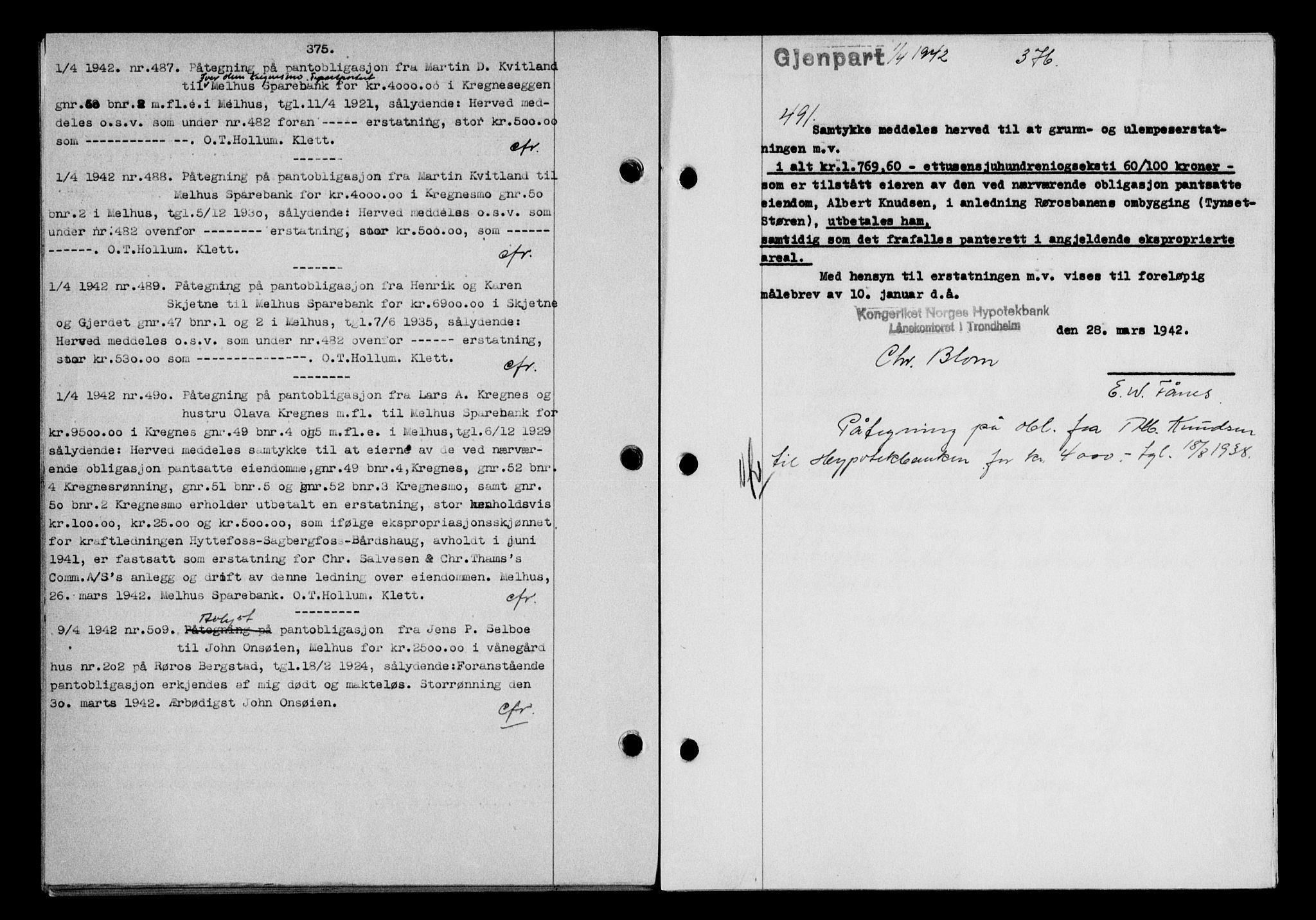 Gauldal sorenskriveri, SAT/A-0014/1/2/2C/L0054: Pantebok nr. 59, 1941-1942, Dagboknr: 491/1942